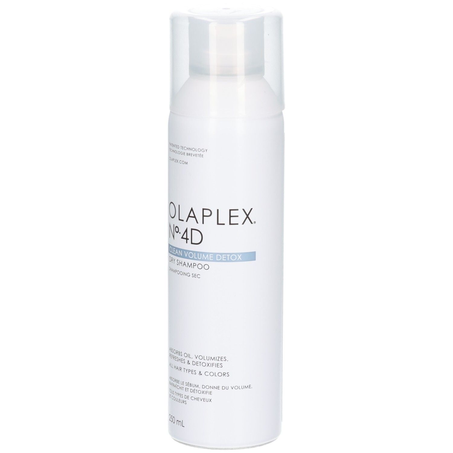 Flacon pulvérisateur blanc avec shampooing sec Olaplex Nº.4D Clean Volume Detox. Vue de face avec le nom du produit et le volume.