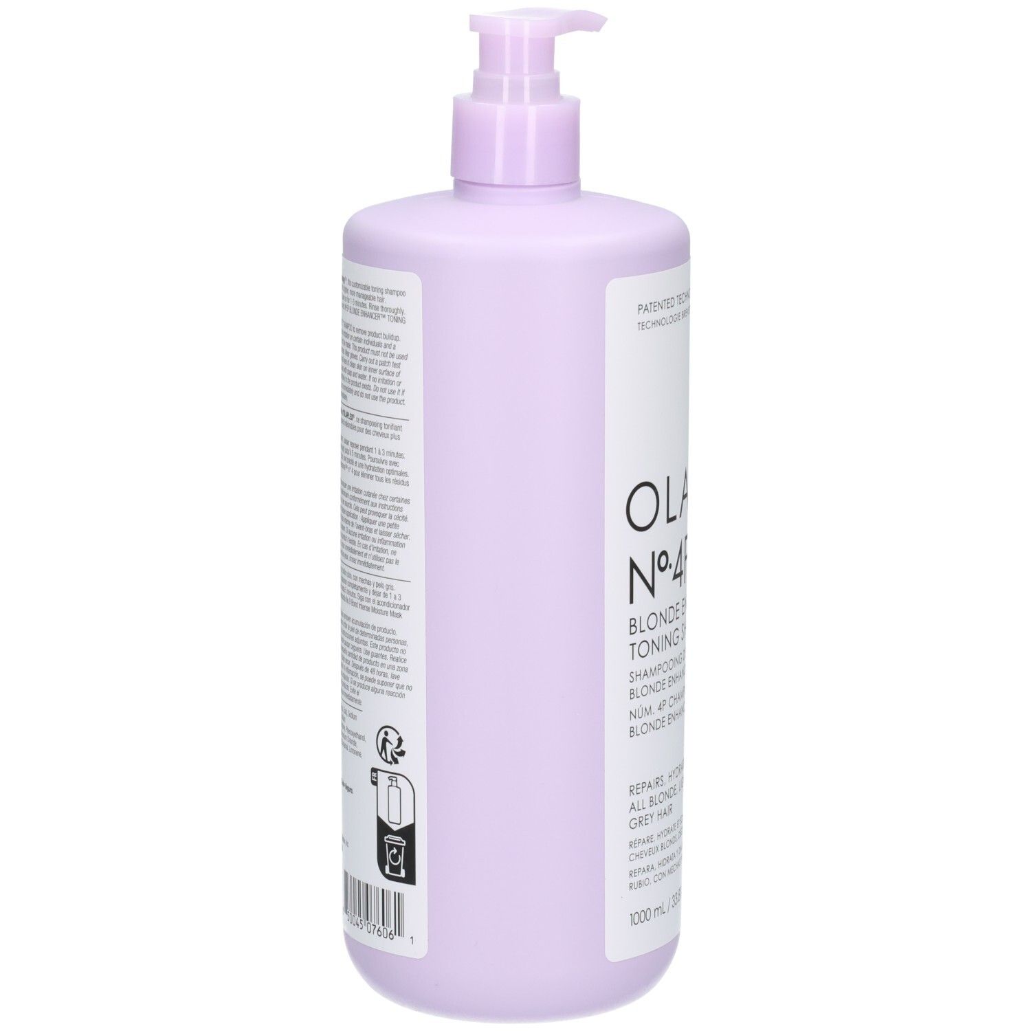 Arrière du flacon de shampoing déjaunisseur Olaplex N°4P Blonde Enhancer avec informations produit, 1000 ml.