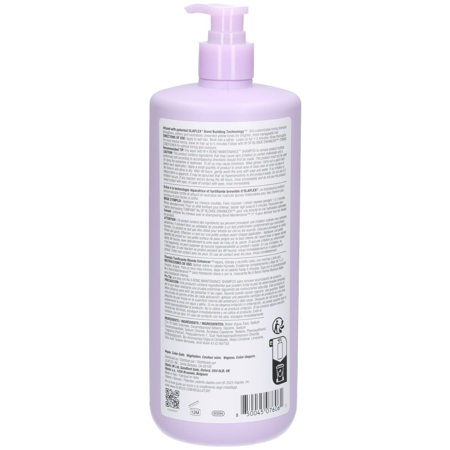 Arrière du flacon de shampoing déjaunisseur Olaplex N°4P Blonde Enhancer avec instructions d'utilisation et ingrédients, 1000 ml.