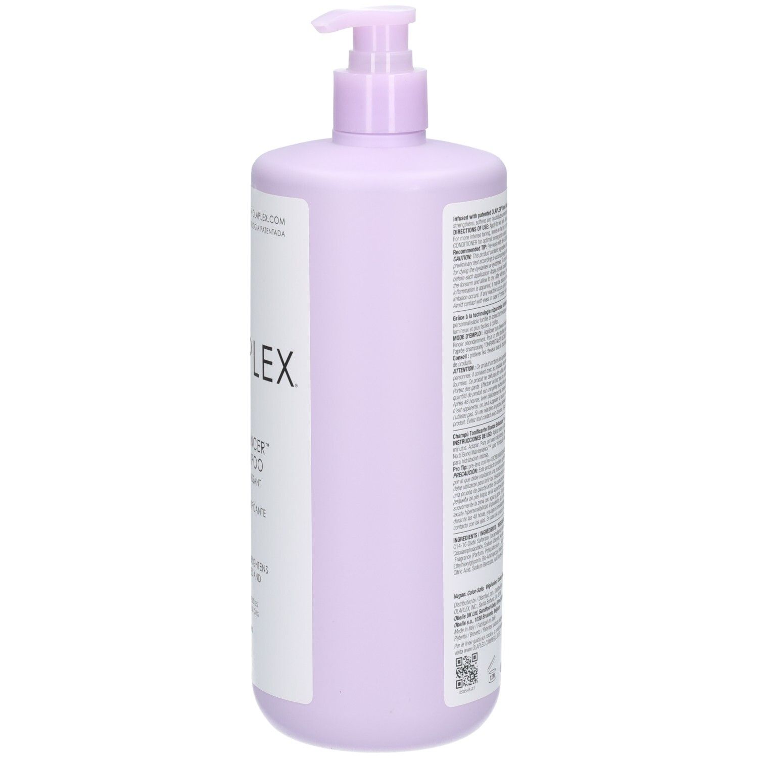 Vue latérale du flacon de shampoing déjaunisseur Olaplex N°4P Blonde Enhancer, 1000 ml.