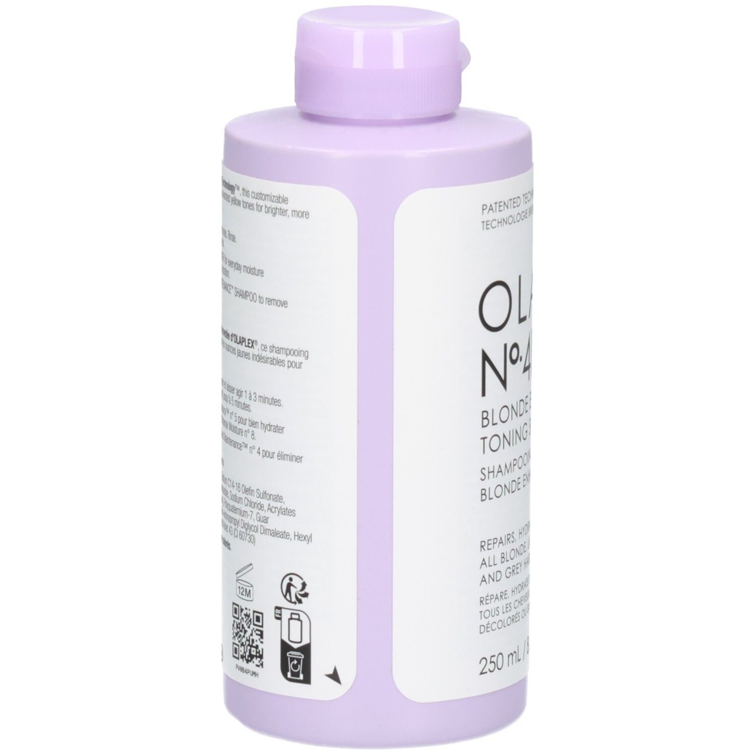 Olaplex Nº.4P Blonde Enhancer Toning Shampoo, verso avec instructions d'utilisation, 250 ml.