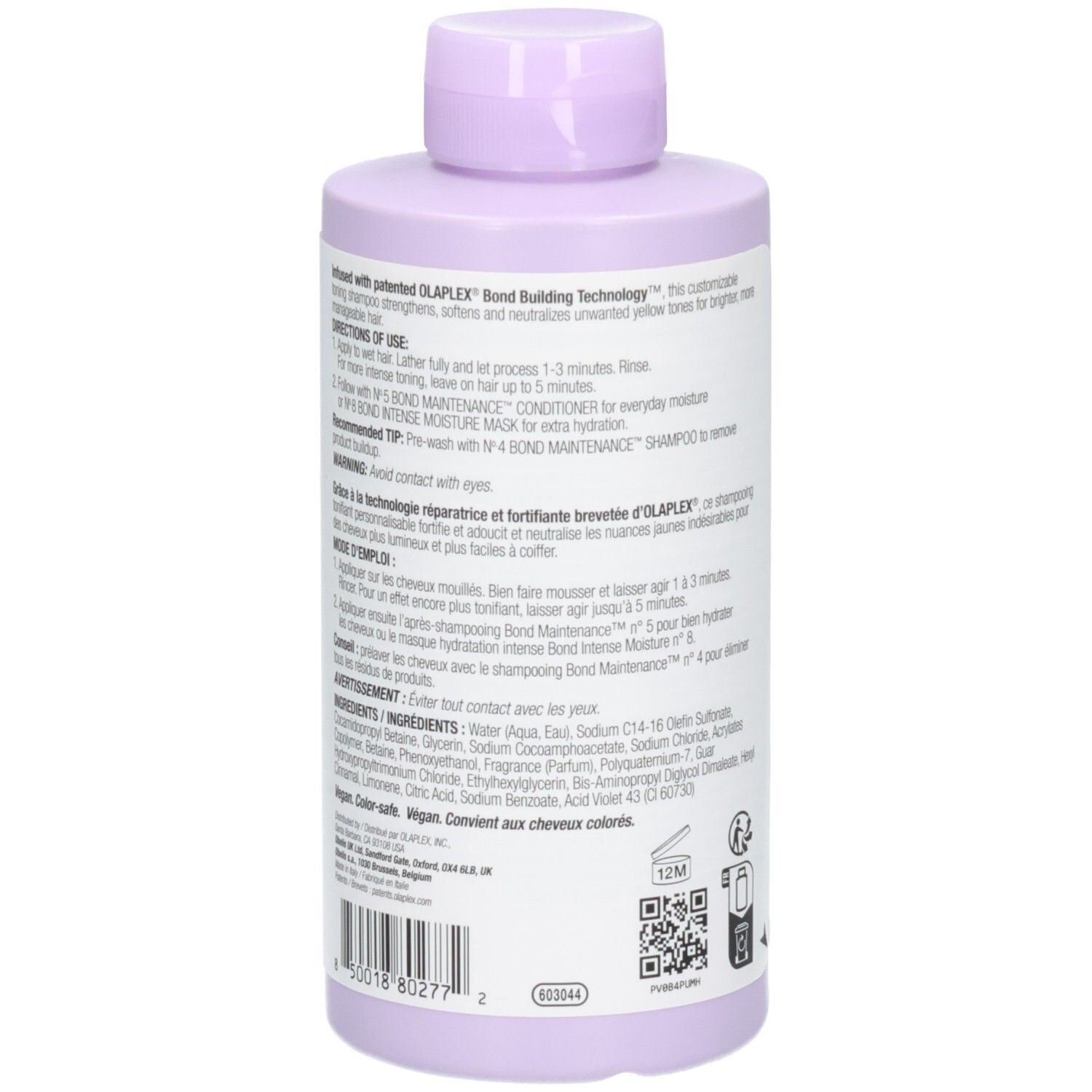 Olaplex Nº.4P Blonde Enhancer Toning Shampoo, verso avec ingrédients et code-barres, 250 ml.