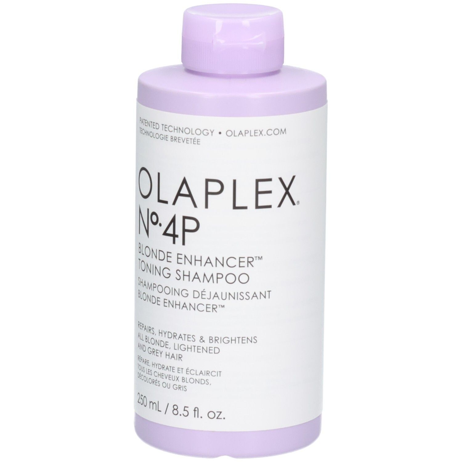 Olaplex Nº.4P Blonde Enhancer Toning Shampoo dans une bouteille lilas, face avant, 250 ml.