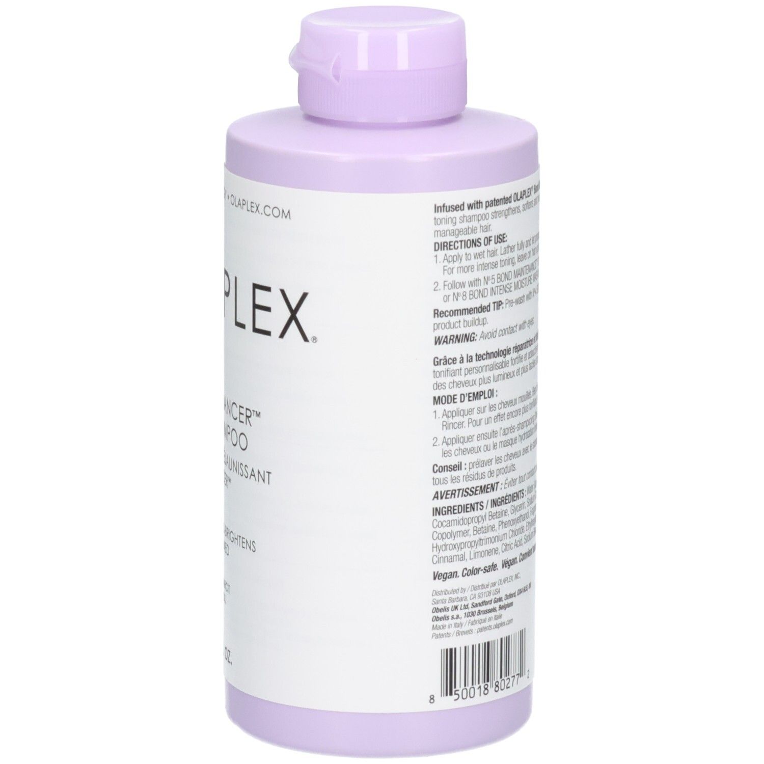 Olaplex Nº.4P Blonde Enhancer Toning Shampoo, côté avec instructions d'utilisation, 250 ml.