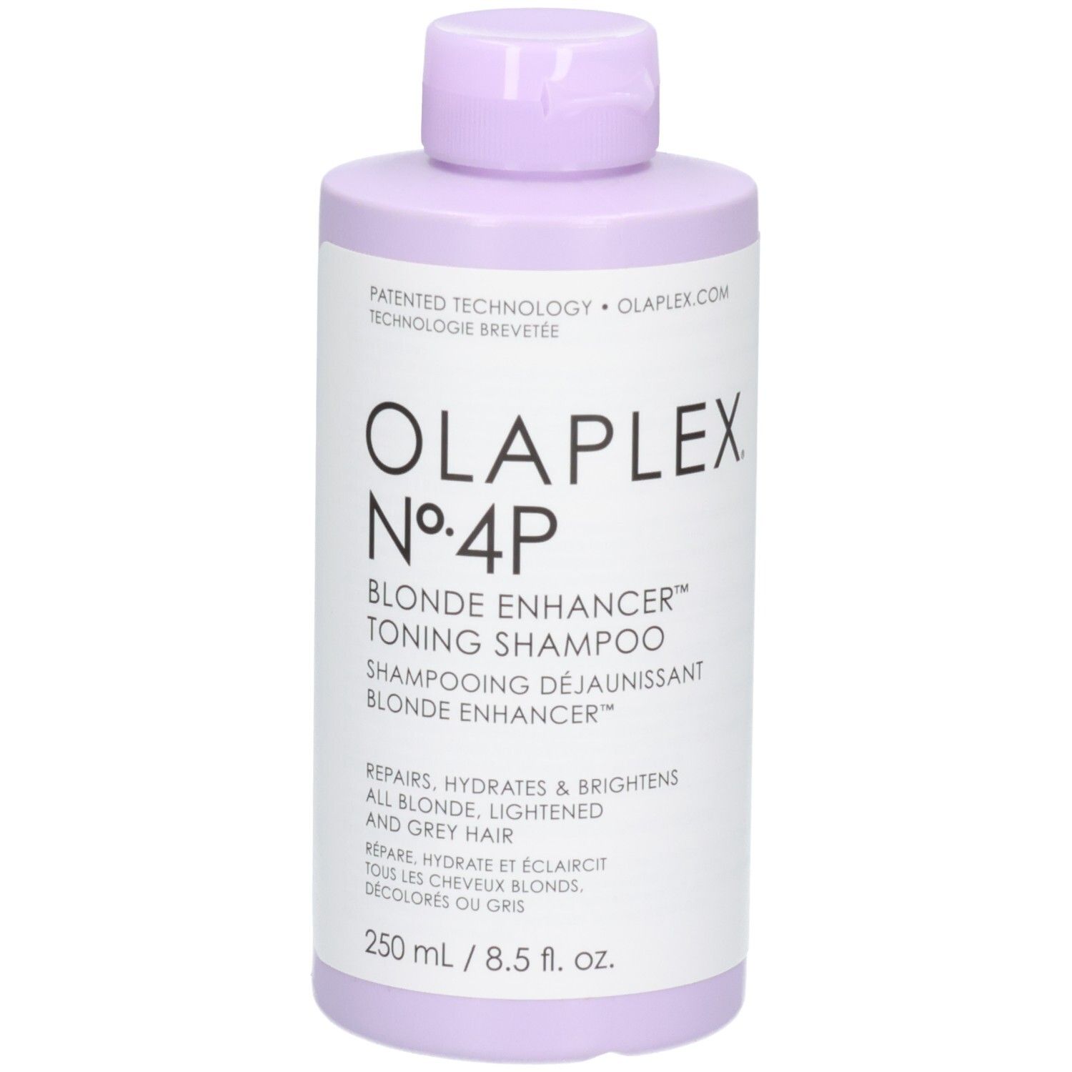 Olaplex Nº.4P Blonde Enhancer Toning Shampoo, face avant avec informations produit, 250 ml.