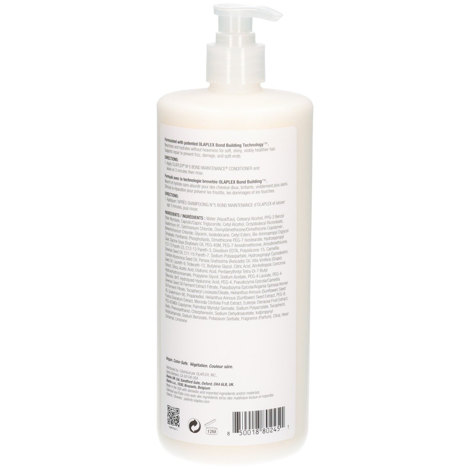 Arrière de la bouteille Olaplex N°5 Bond Maintenance Conditioner avec ingrédients et volume.