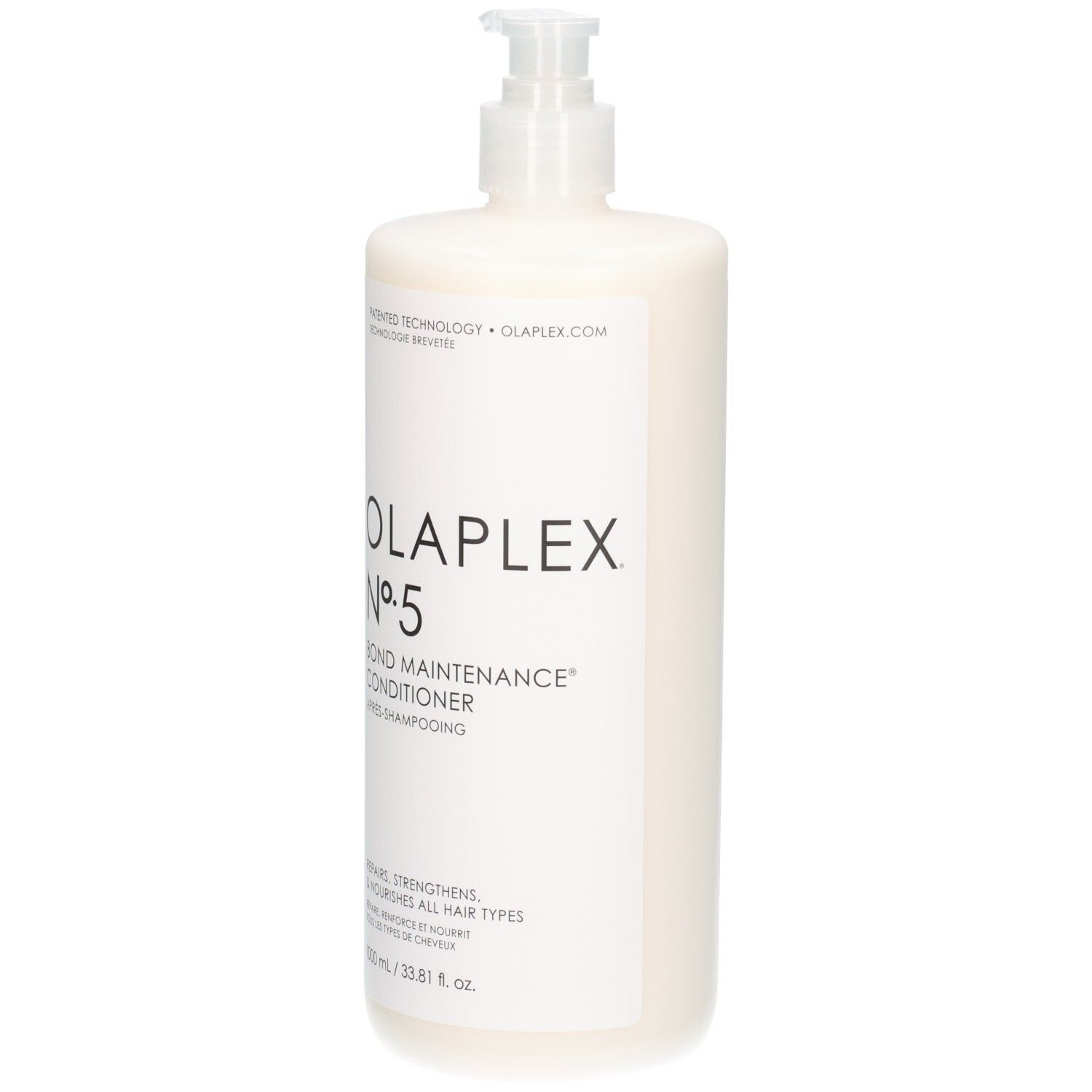 Vue de face de la bouteille Olaplex N°5 Bond Maintenance Conditioner avec pulvérisateur à pompe.