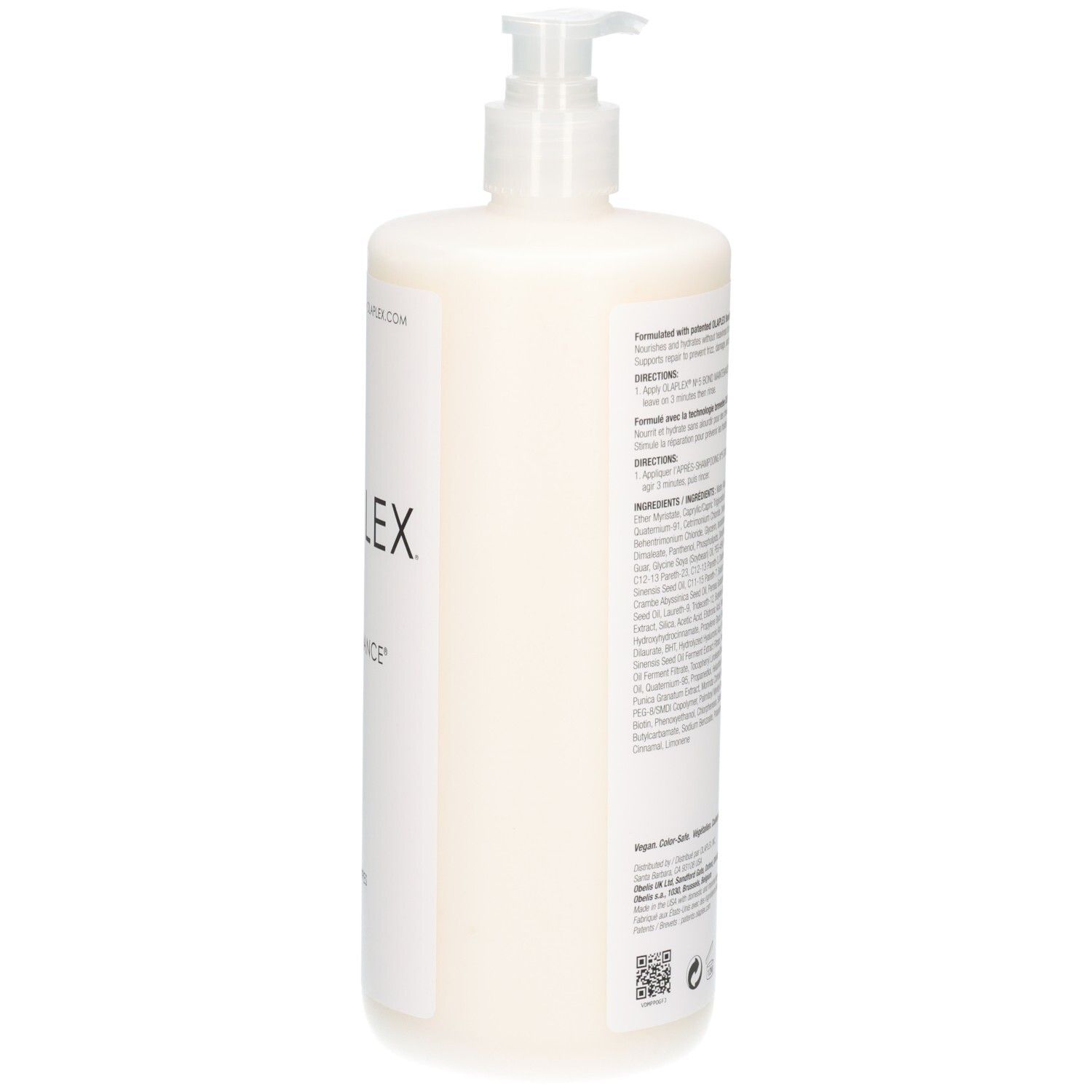 Vue latérale de la bouteille Olaplex N°5 Bond Maintenance Conditioner, blanche avec pompe.