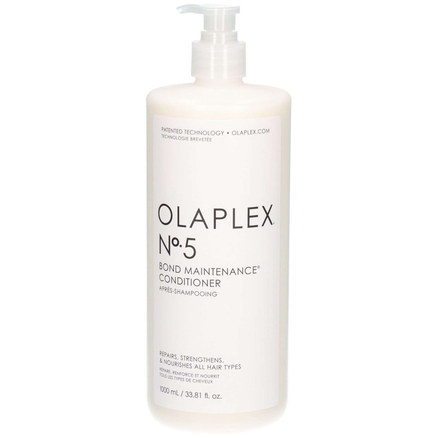 Olaplex N°5 Bond Maintenance Conditioner, 1000ml, dans une bouteille blanche à pompe.