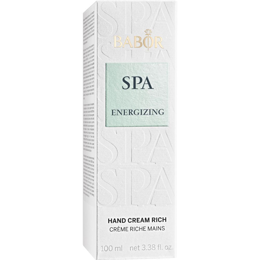 BABOR SPA Hand Cream Rich. Emballage blanc avec encart vert et texte. Nom du produit et marque visibles.