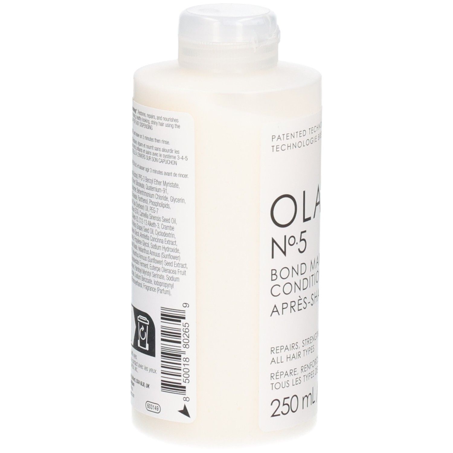 Bouteille OLAPLEX No.5 Bond Maintenance Conditioner, dos avec ingrédients et code-barres.
