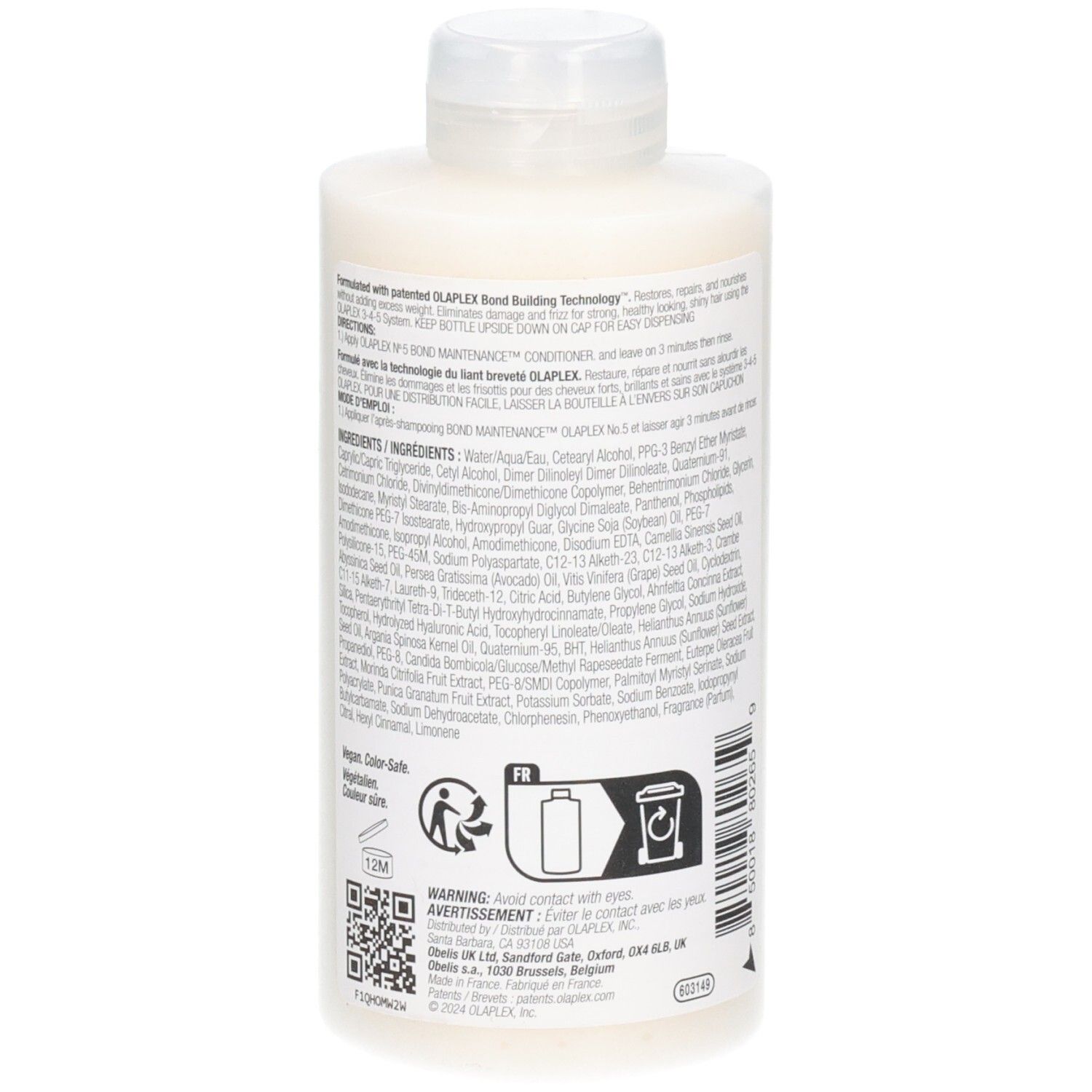 Bouteille OLAPLEX No.5 Bond Maintenance Conditioner, dos avec ingrédients détaillés et avertissements.