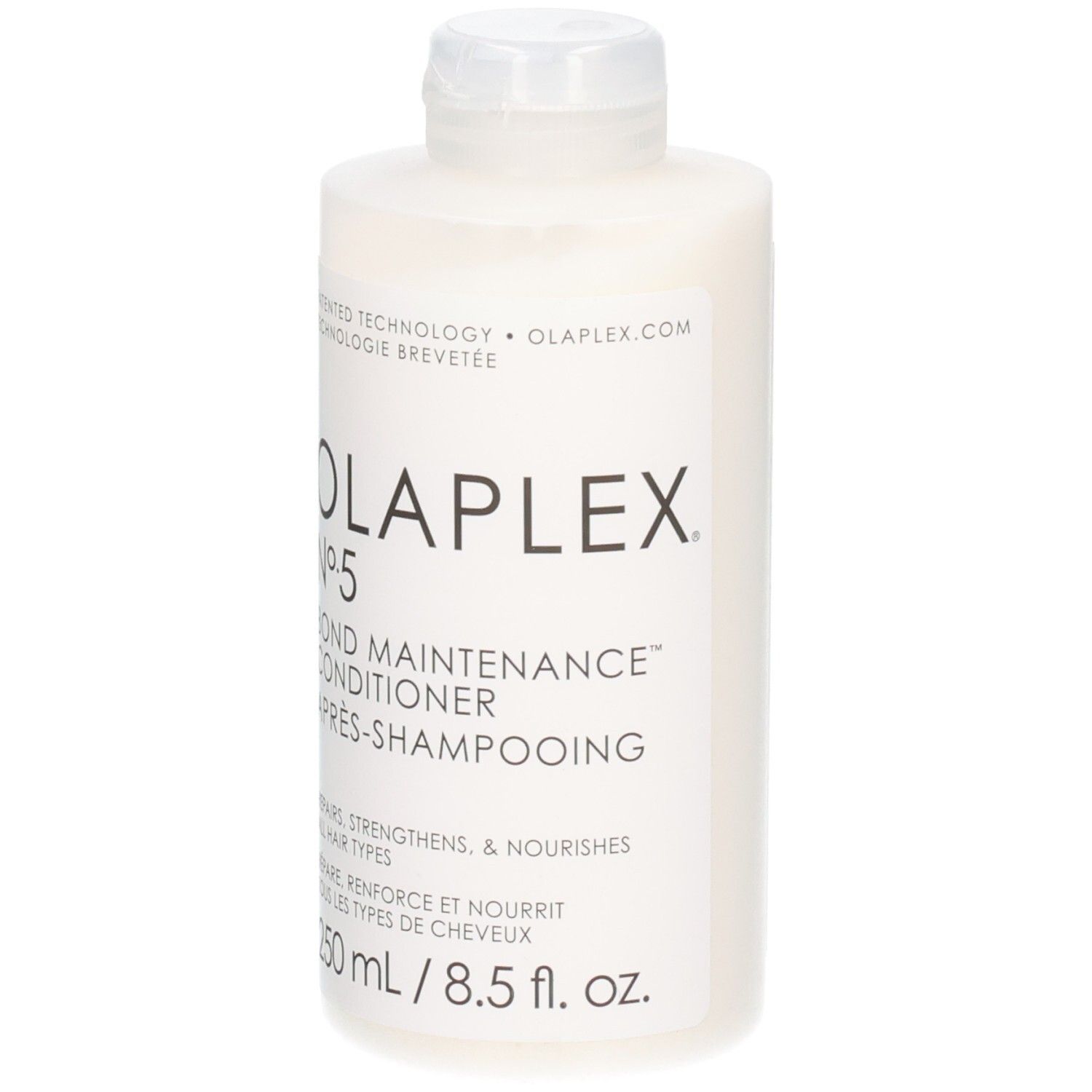 Bouteille OLAPLEX No.5 Bond Maintenance Conditioner, avant avec informations produit.