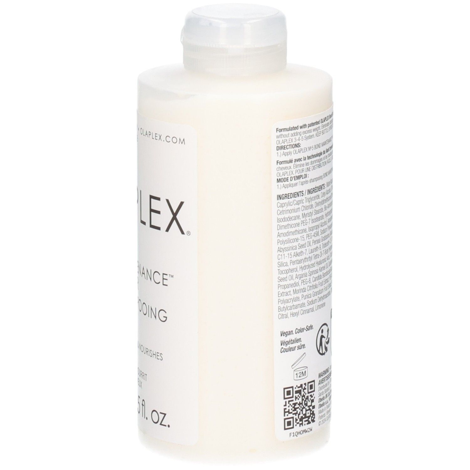 Bouteille OLAPLEX No.5 Bond Maintenance Conditioner, vue latérale avec ingrédients.