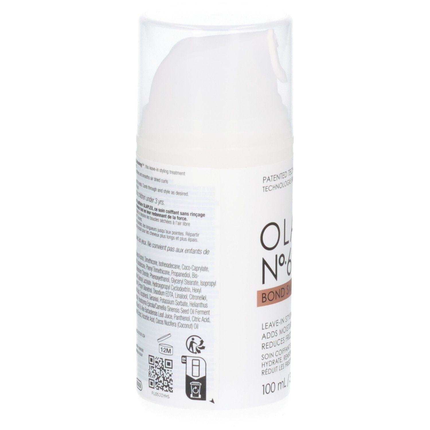 Arrière du flacon Olaplex N°6 Bond Smoother avec liste des ingrédients et instructions.