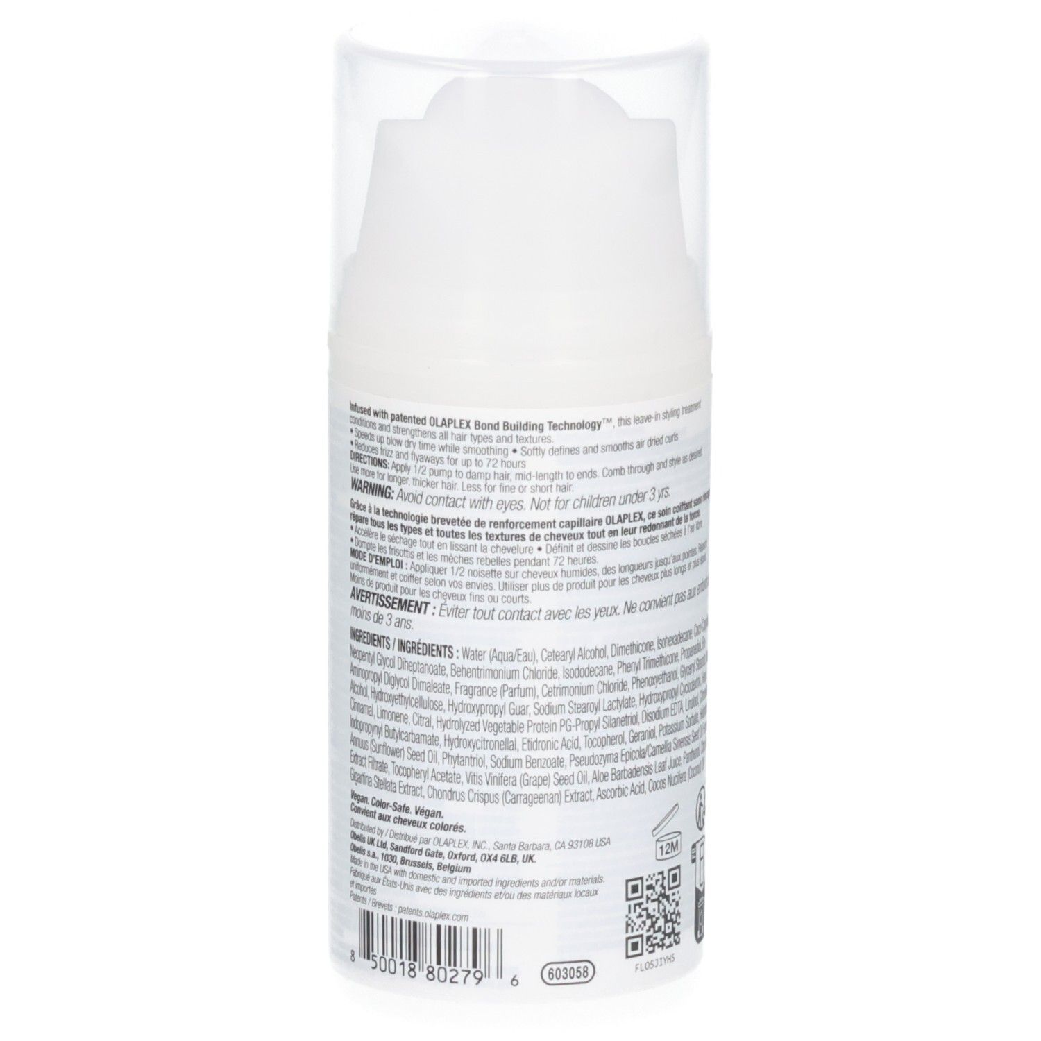 Arrière du flacon Olaplex N°6 Bond Smoother avec code-barres et informations produit.