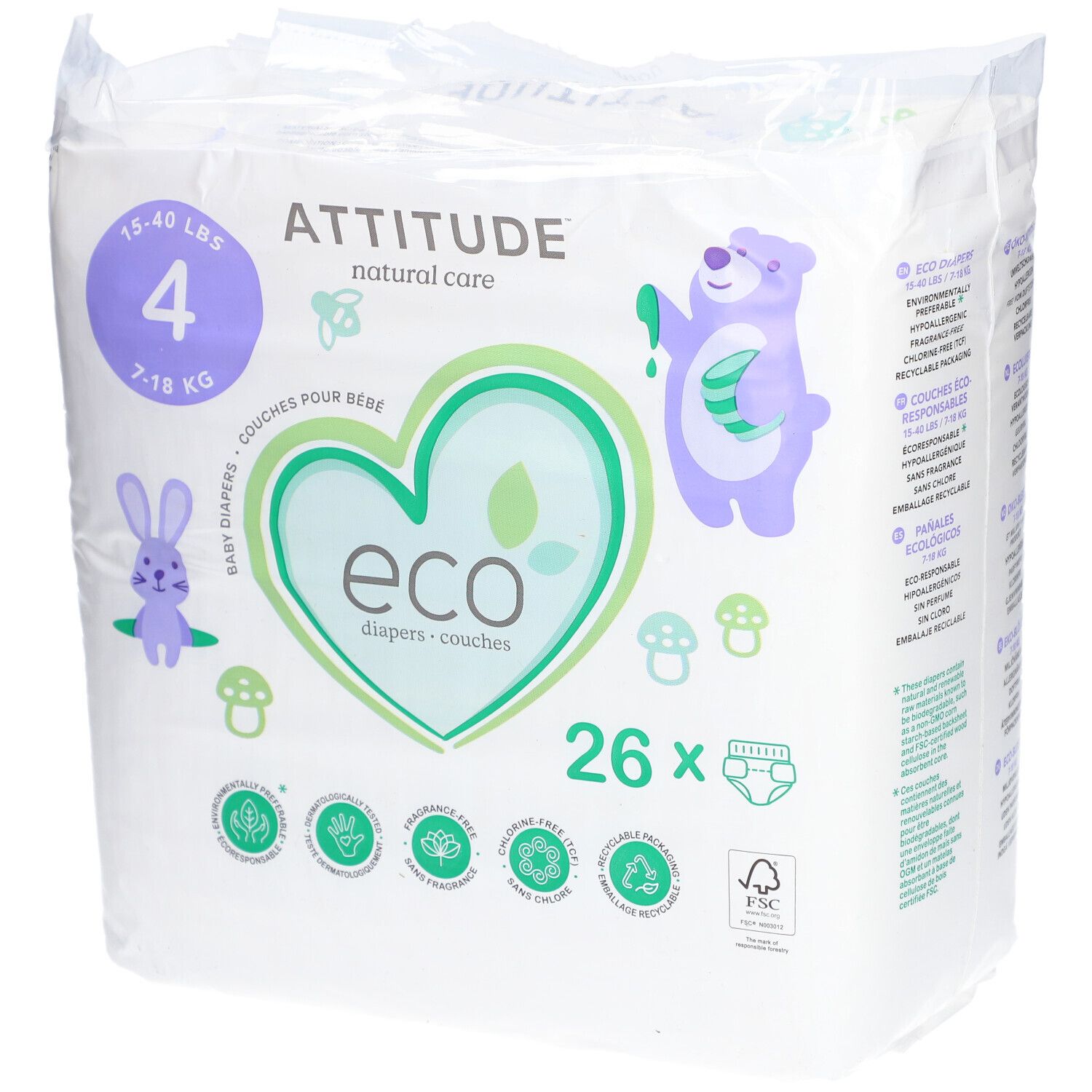 Couches bébé taille 4, 7-18 kg, 26 unités. Emballage avec logo, illustrations et certifications.