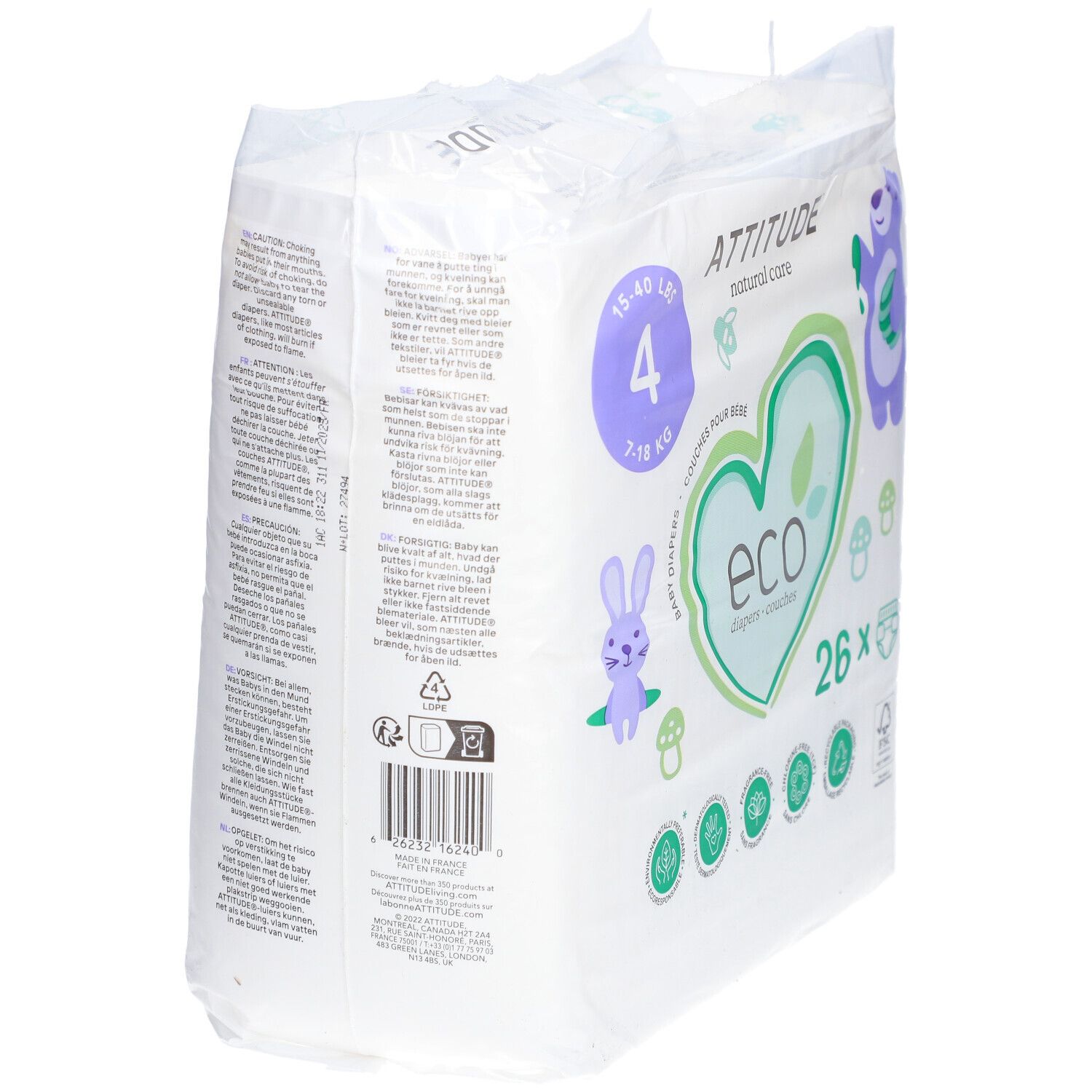 Paquet de couches avec logo, illustrations et texte. Dos avec texte et certifications.