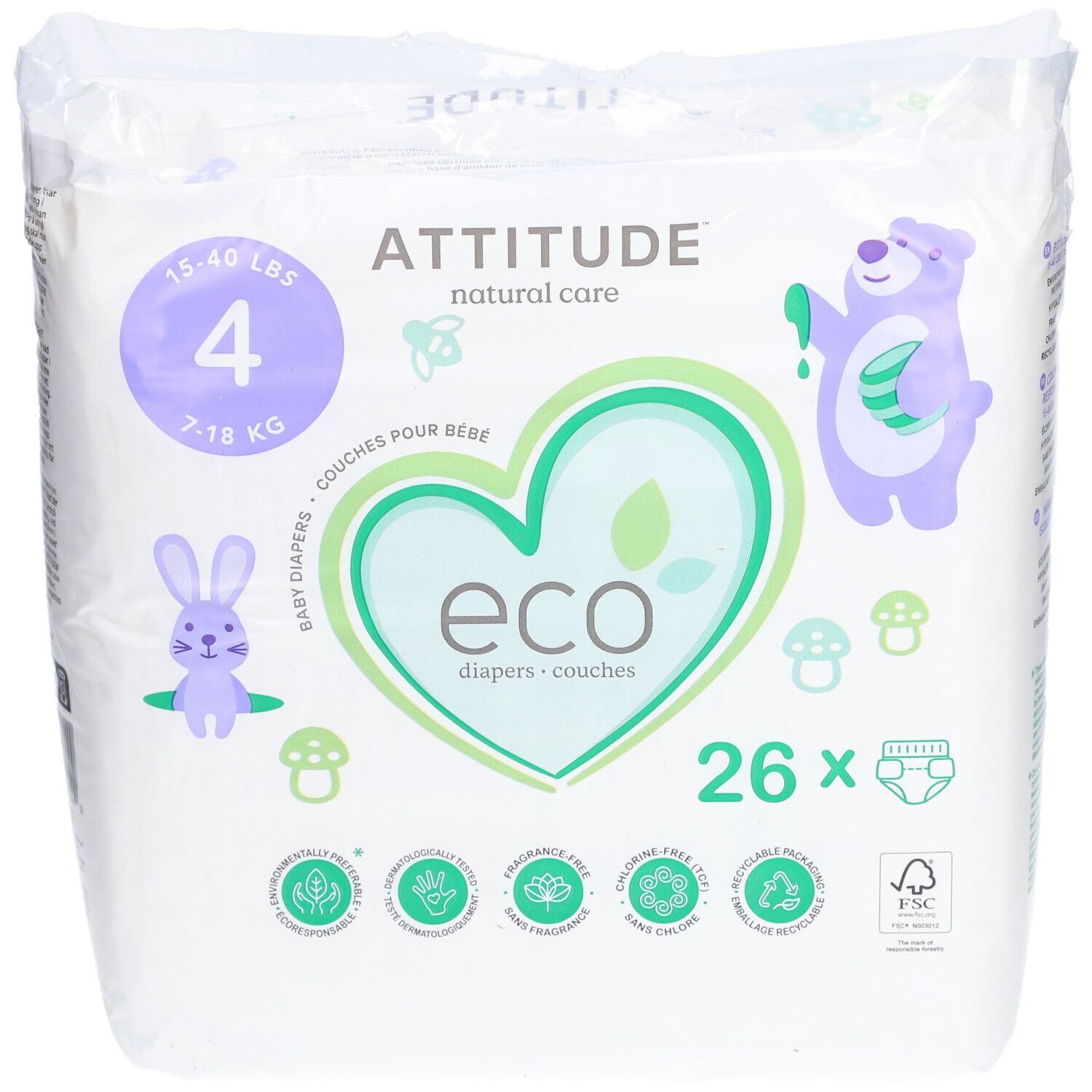 Couches bébé taille 4, 7-18 kg, 26 unités. Emballage avec logo, illustrations et certifications.