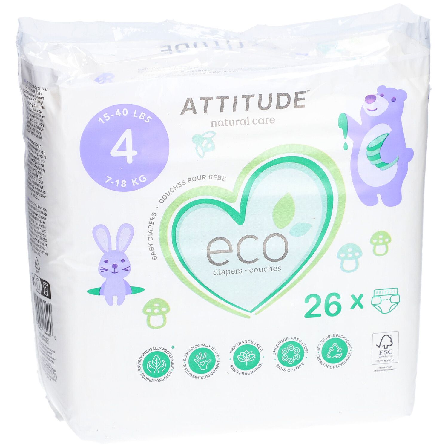 Couches bébé taille 4, 7-18 kg, 26 unités. Emballage avec logo, illustrations et certifications.
