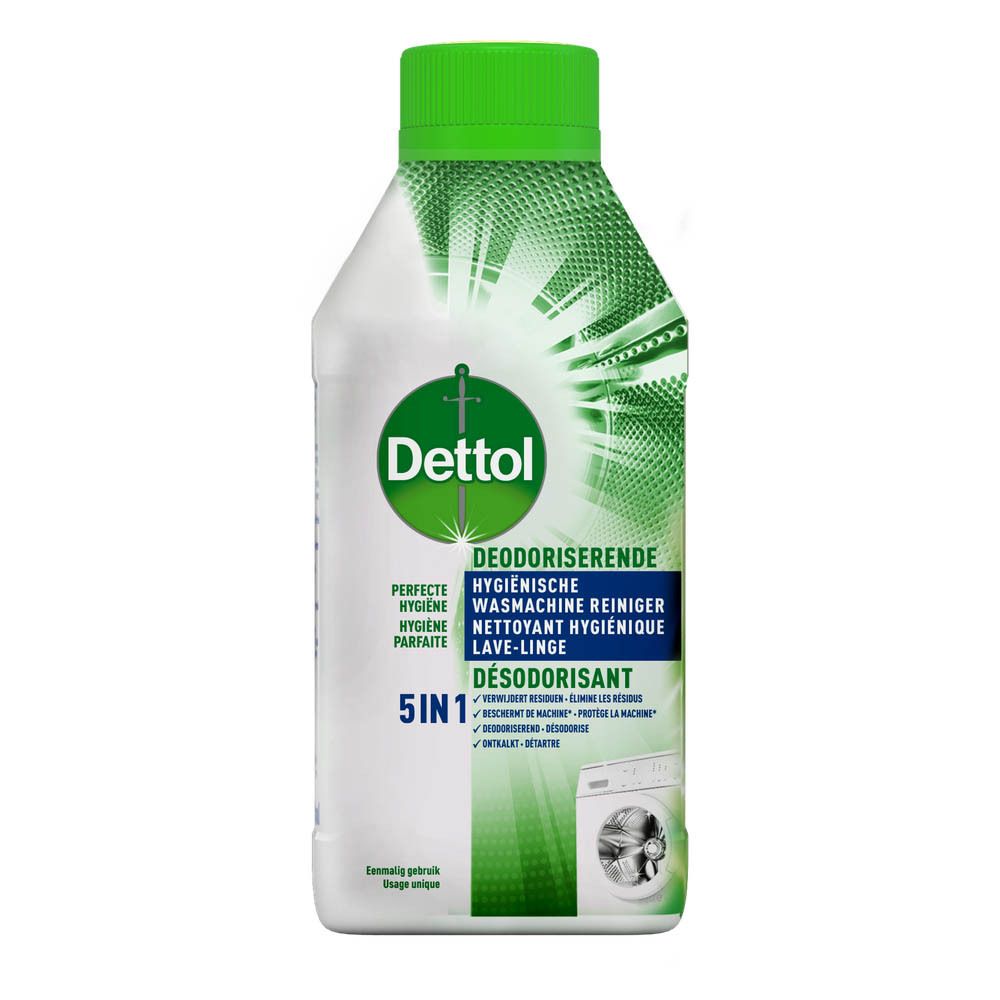 Flacon Dettol lave-linge. Vert, blanc. Texte: 5 en 1, Désodorisant, Hygiène. Bouchon vert.