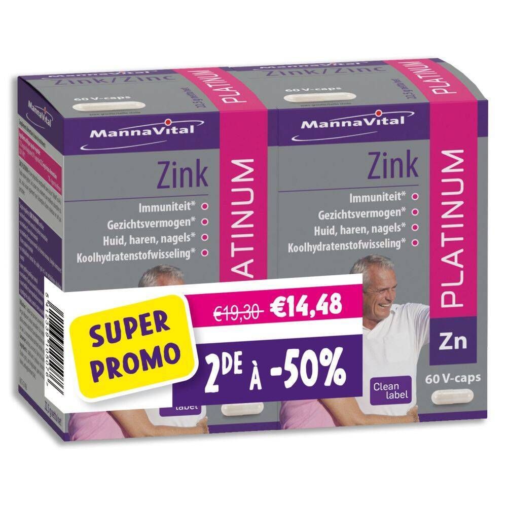 Deux boîtes de Mannavital Zinc Platinum. Inscription : Super Promo, 2ème à -50%. Contient 60 V-Caps.