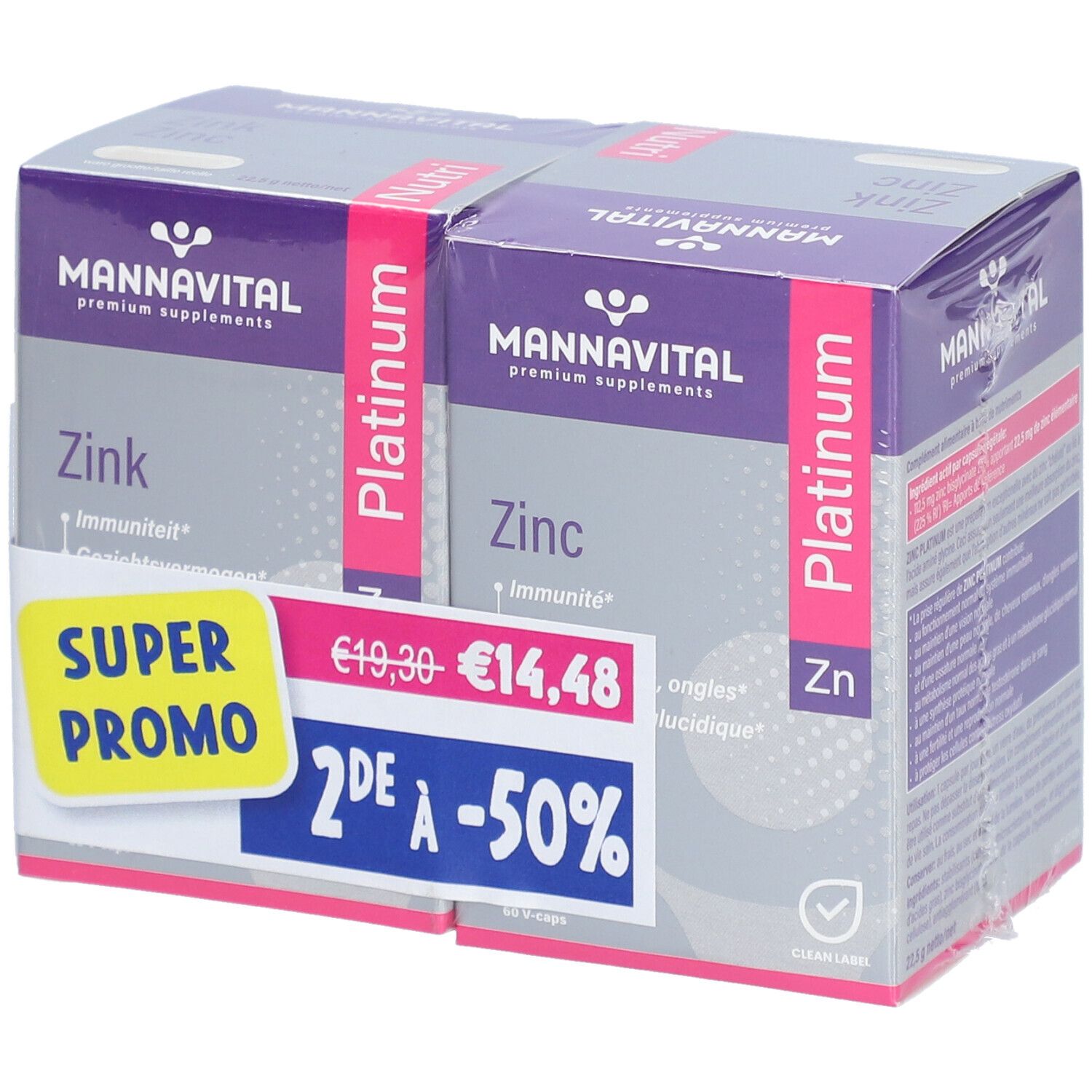 Deux boîtes de Mannavital Zinc Platinum. Inscription : Super Promo, 2ème à -50%. Contient 60 V-Caps.
