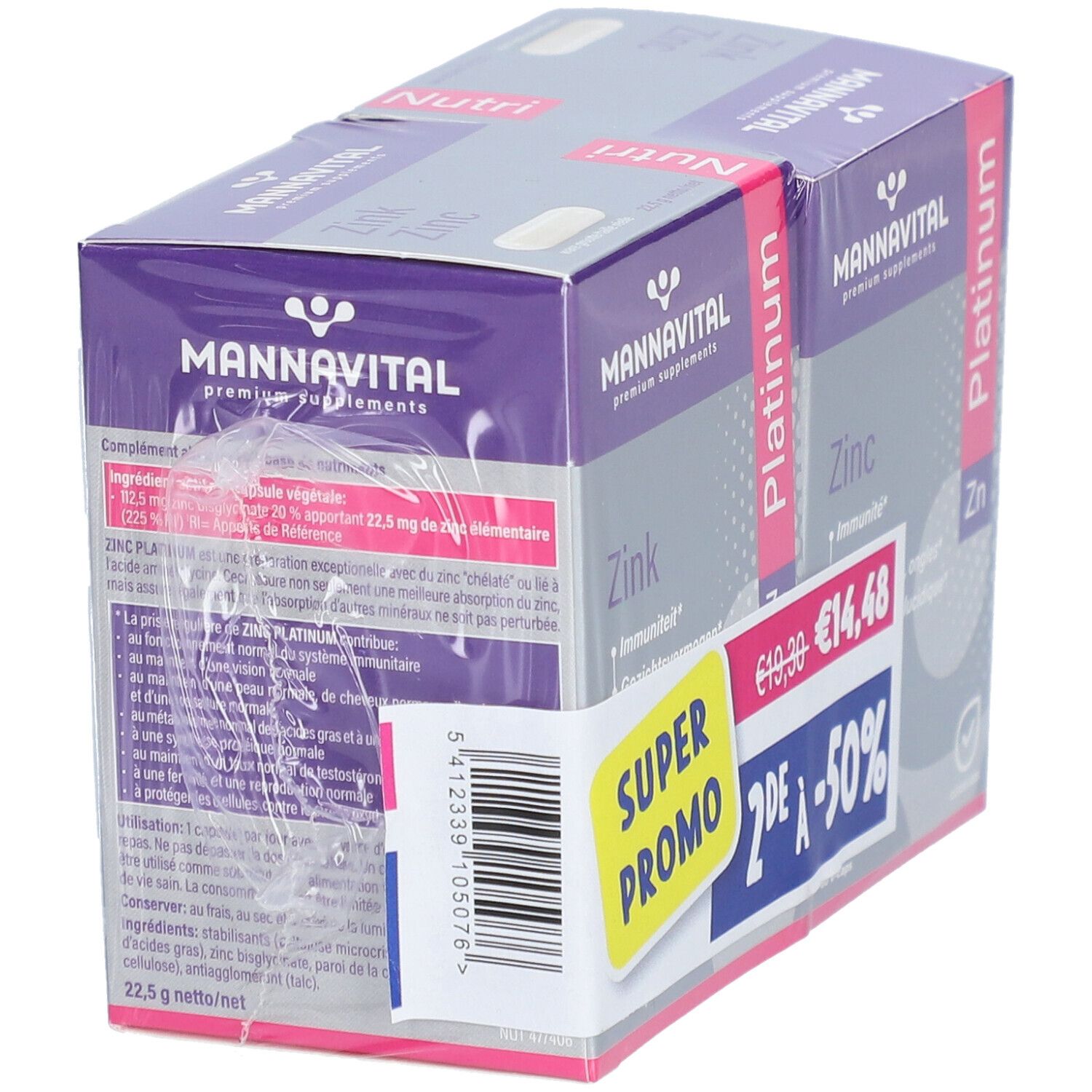 Mannavital Zinc Platinum, deux boîtes sous film. Inscription : Super Promo, 2ème à -50%. Contient 60 V-Caps.