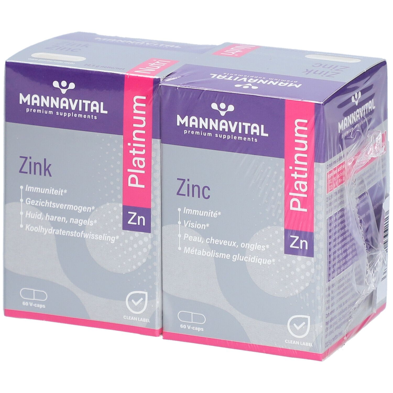 Deux boîtes de Mannavital Zinc Platinum sous film. Inscription : Super Promo, 2ème à -50%. Contient 60 V-Caps.