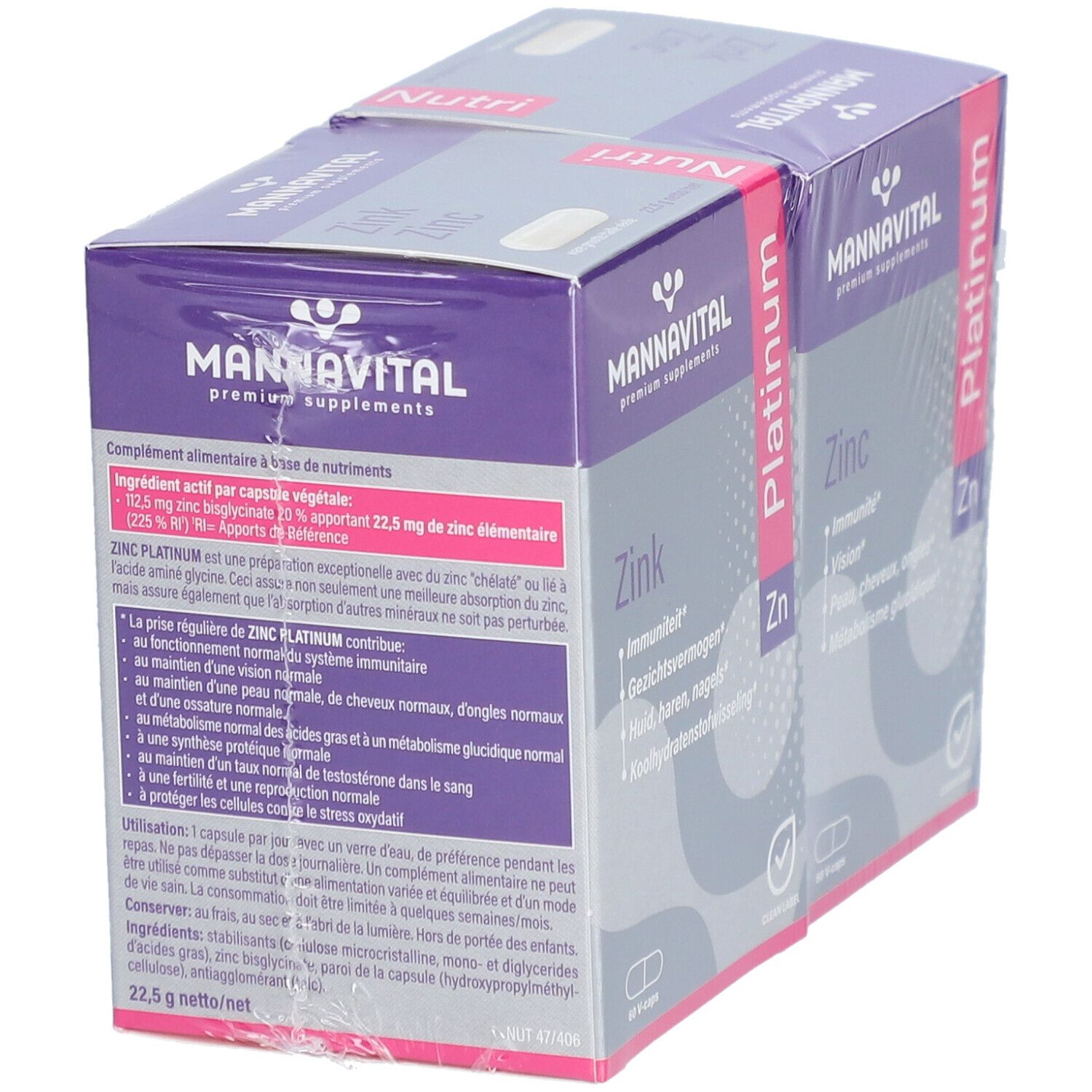 Deux boîtes de Mannavital Zinc Platinum sous film. Inscription : Super Promo, 2ème à -50%. Contient 60 V-Caps.
