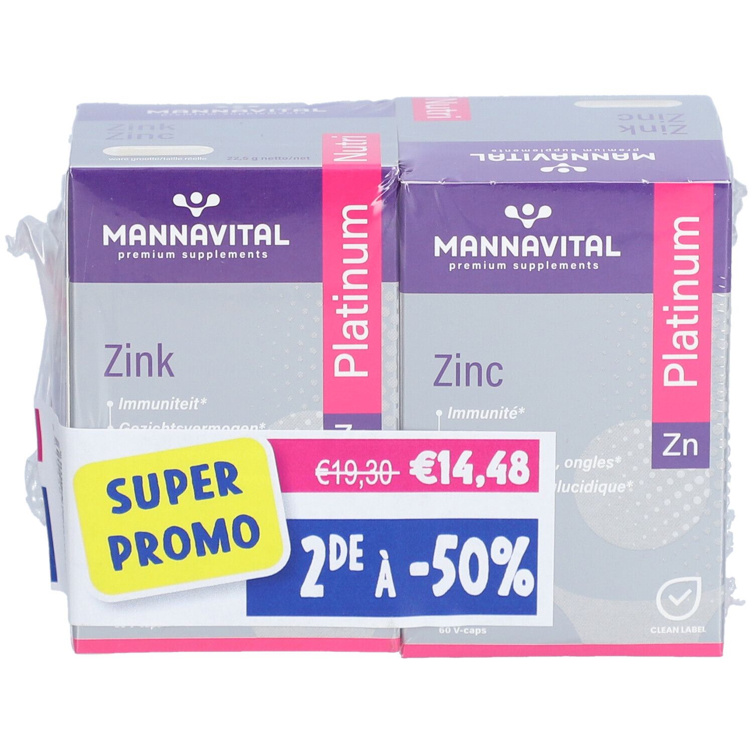 Deux boîtes de Mannavital Zinc Platinum sous film. Inscription : Super Promo, 2ème à -50%. Contient 60 V-Caps.