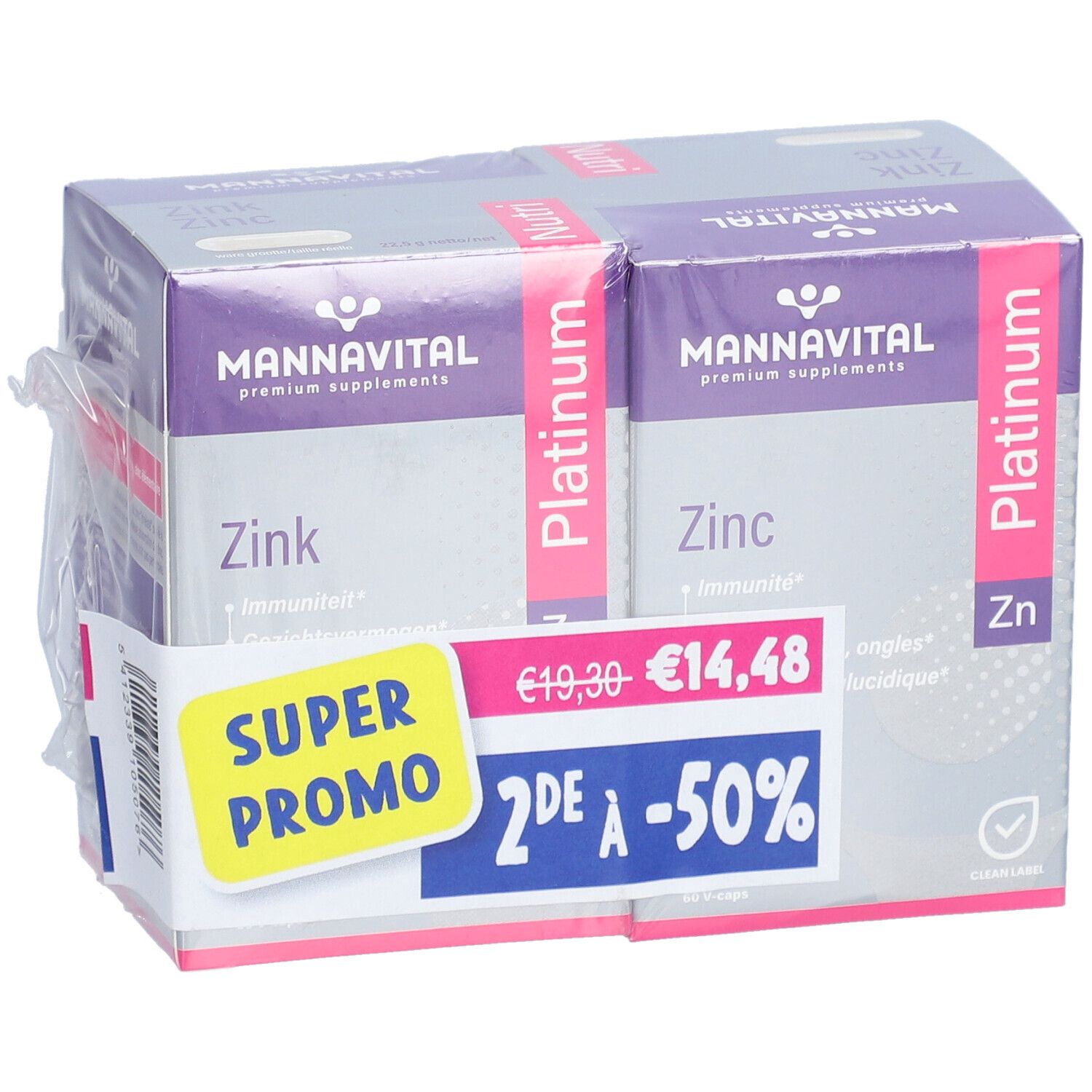 Deux boîtes de Mannavital Zinc Platinum sous film. Inscription : Super Promo, 2ème à -50%. Contient 60 V-Caps.