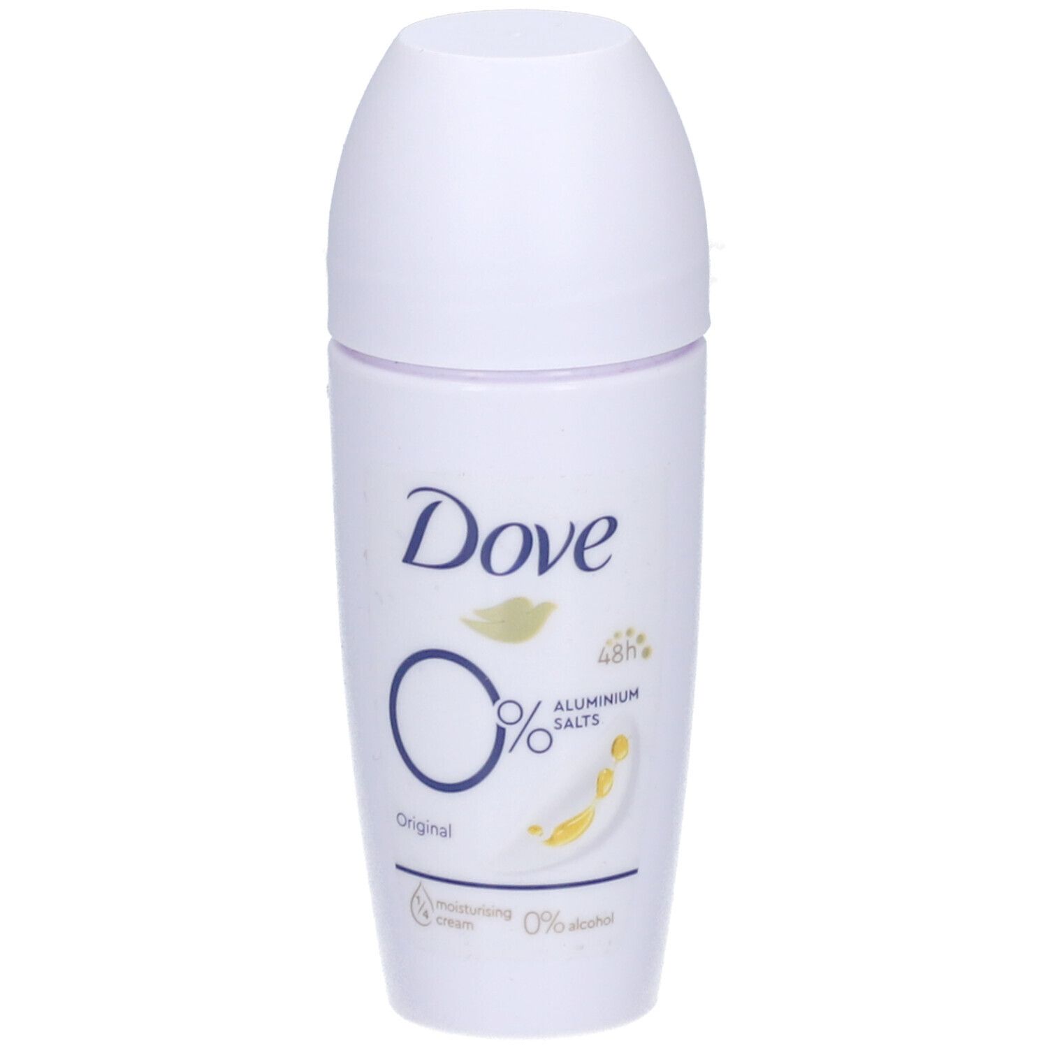 Déodorant roll-on blanc Dove Original 0% avec logo et informations produit. Protection 48h, 0% sels d'aluminium.