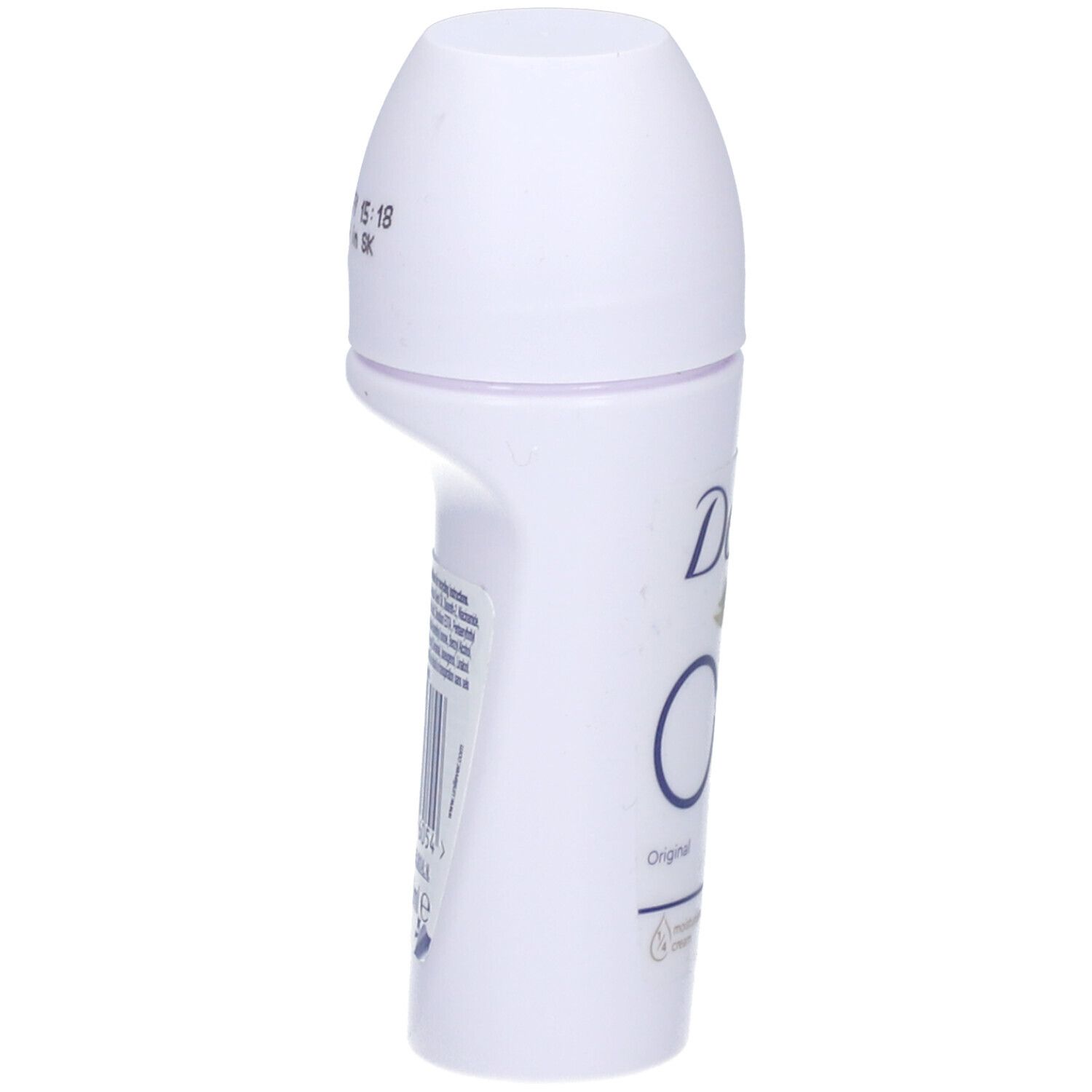 Déodorant roll-on blanc Dove Original 0%. Vue latérale. Informations produit et date sur le bouchon.