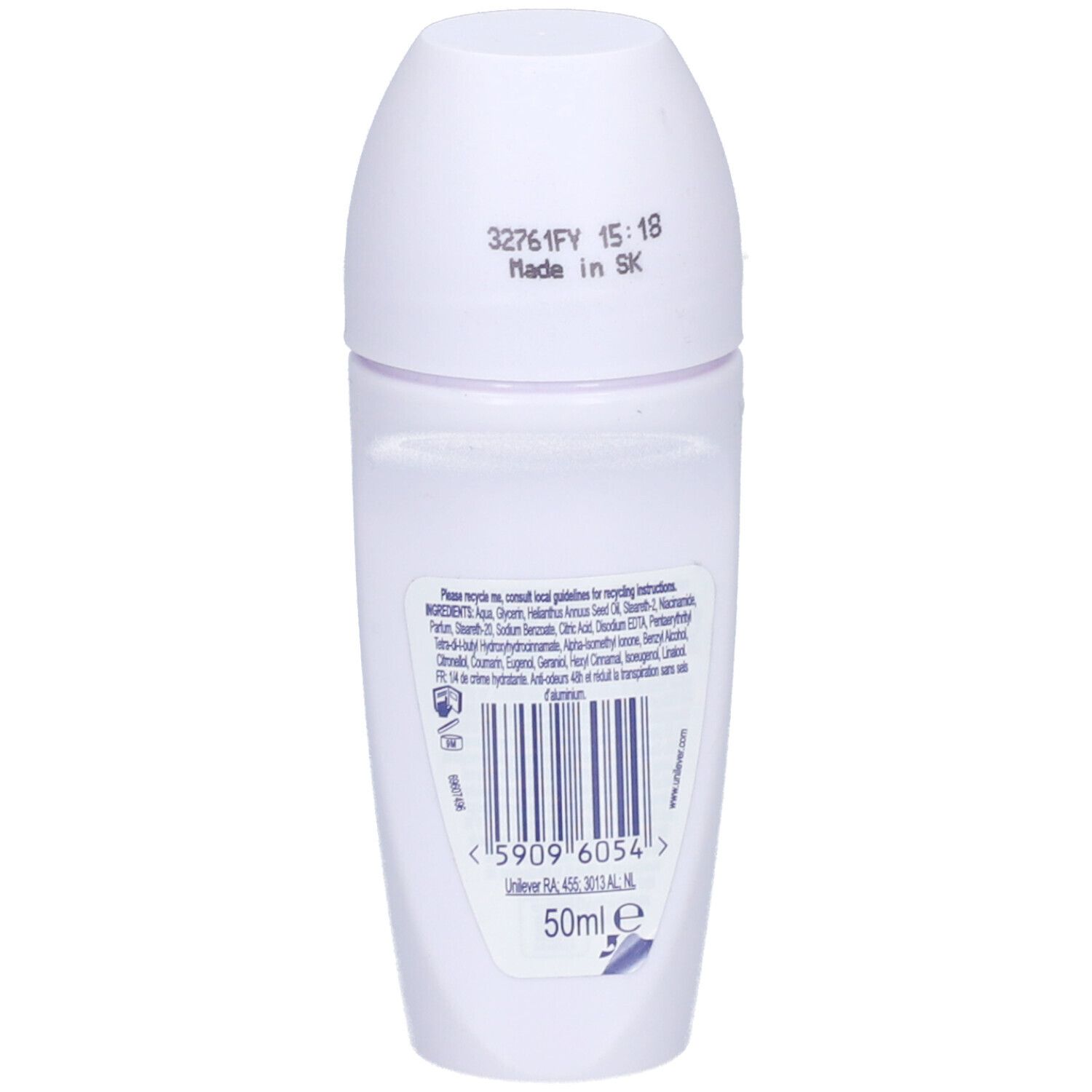 Déodorant roll-on blanc Dove Original 0%. Dos avec infos produit, code-barres et volume : 50ml.