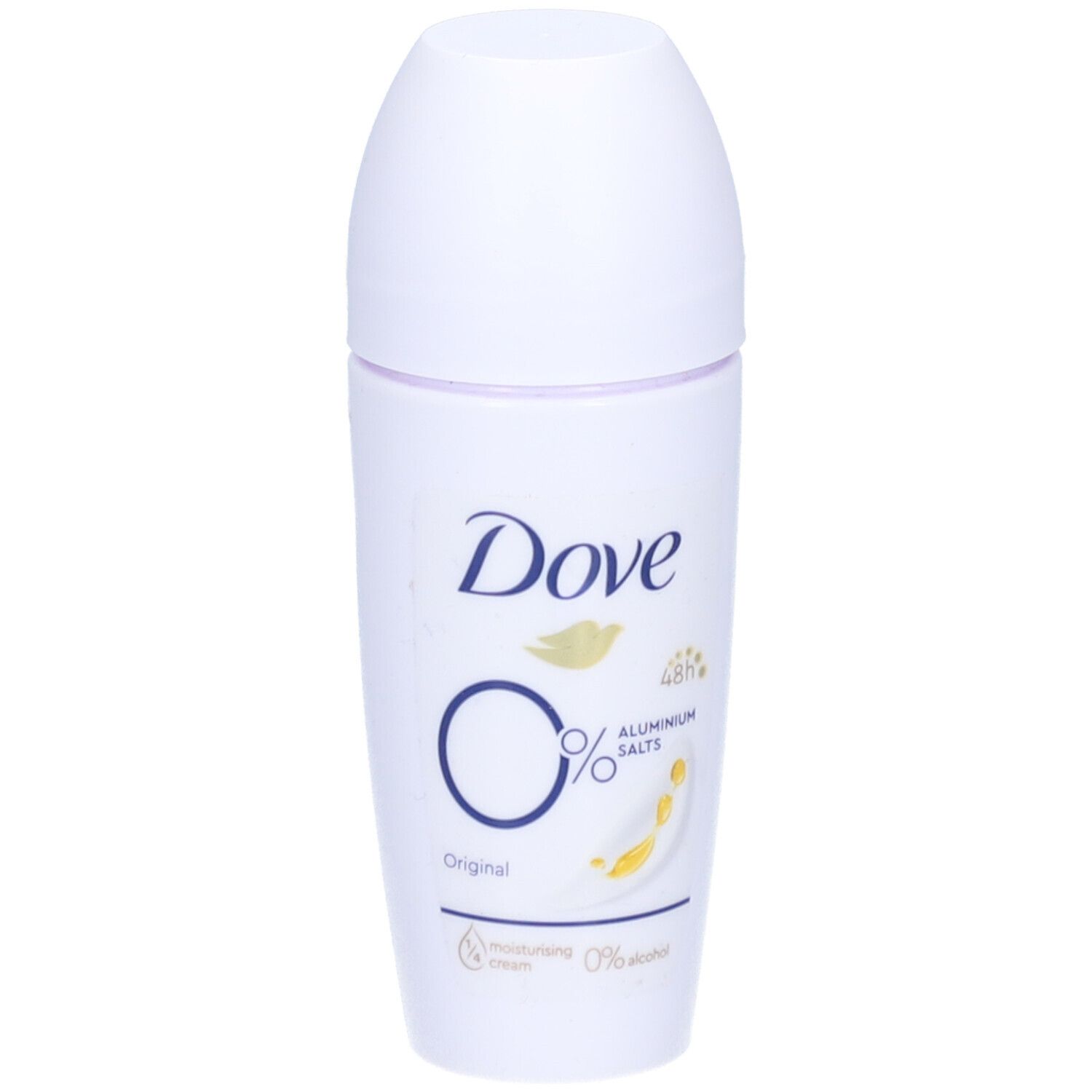 Déodorant roll-on blanc Dove Original 0% avec logo et informations produit. Protection 48h, 0% sels d'aluminium.