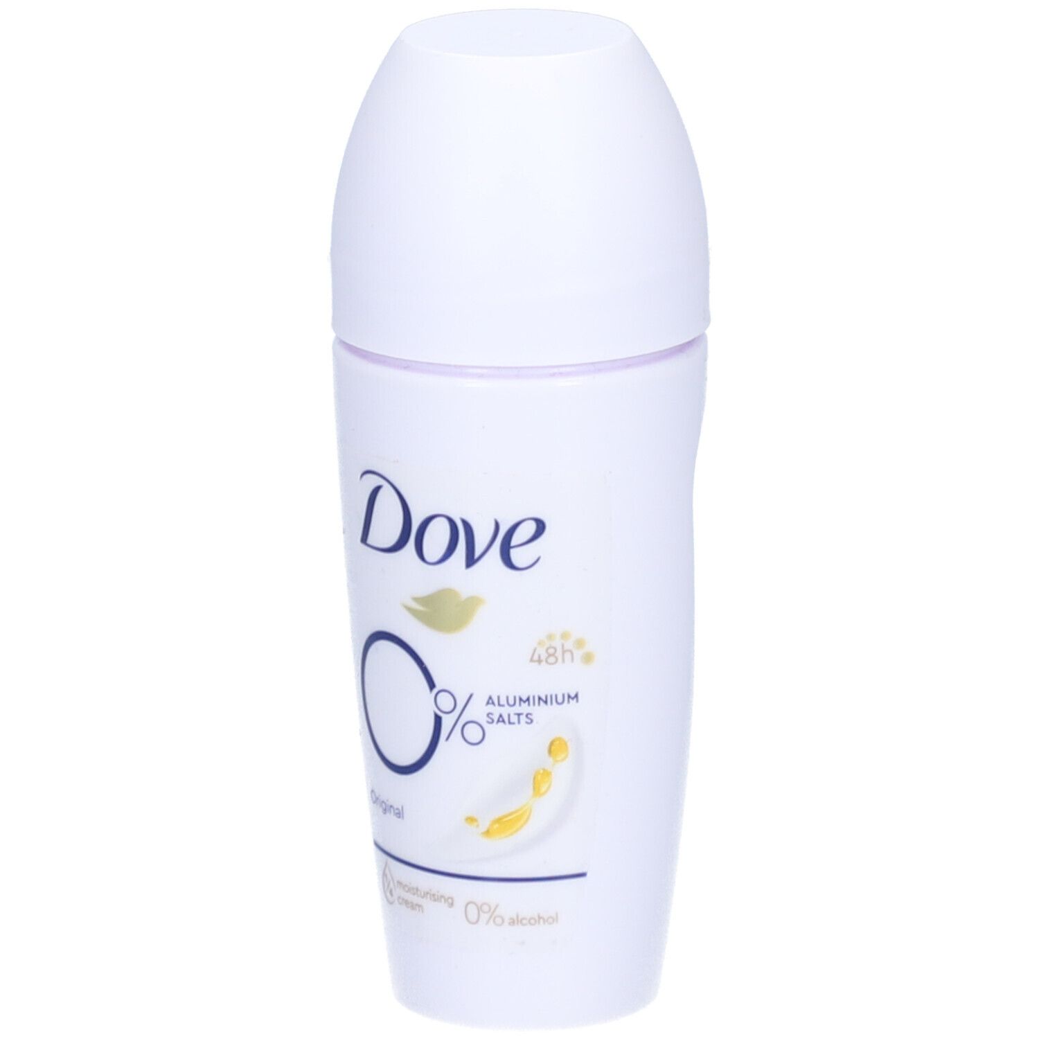 Déodorant roll-on blanc Dove Original 0% avec logo et informations produit. Protection 48h, 0% sels d'aluminium.