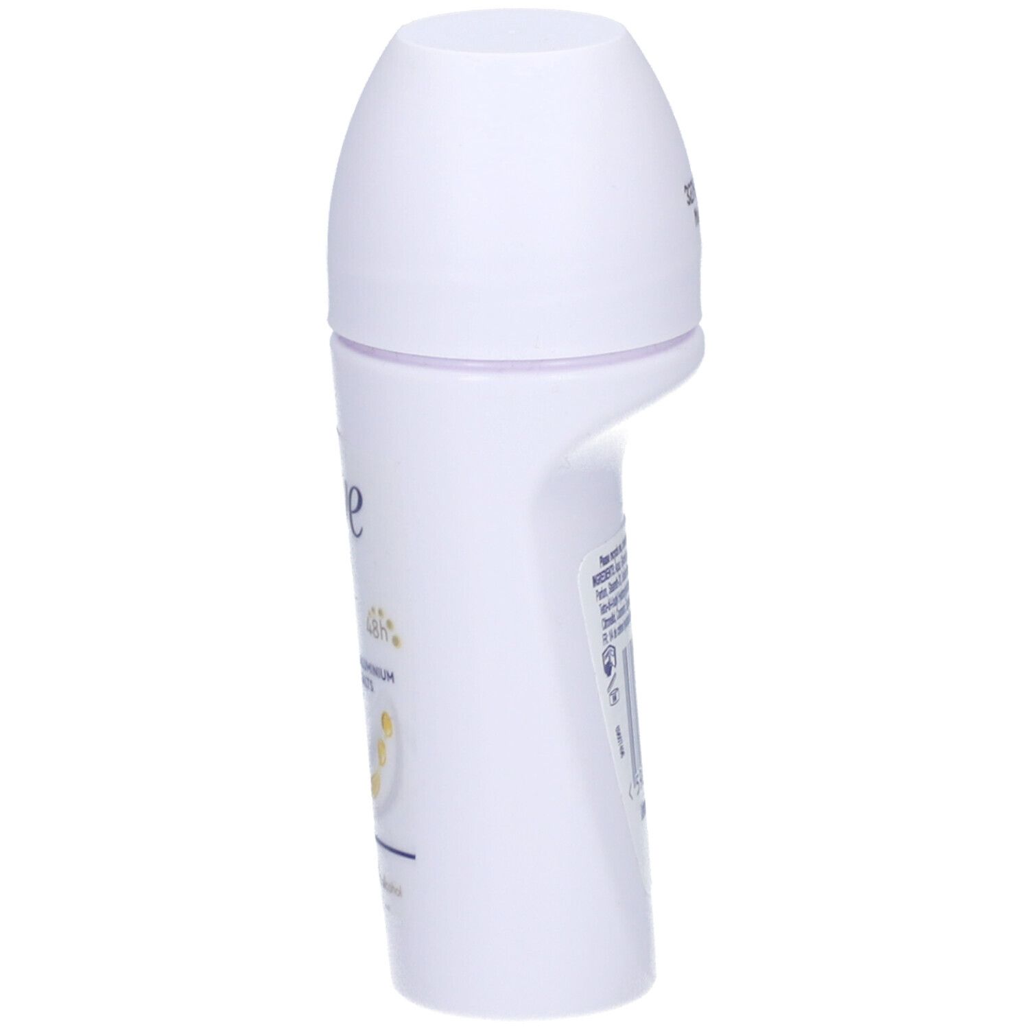 Déodorant roll-on blanc Dove Original 0%. Vue latérale avec logo et infos produit. Protection 48h.