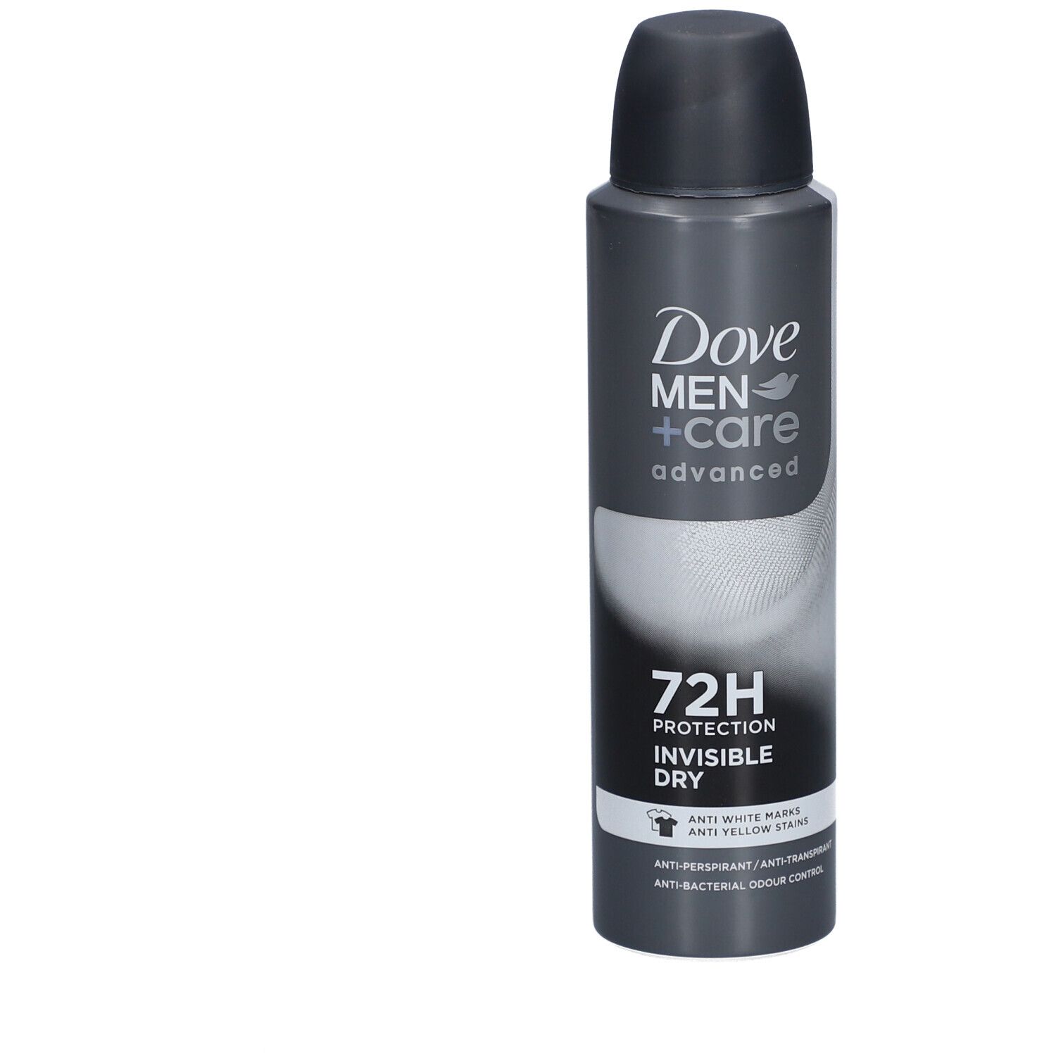 Flacon spray gris avec bouchon noir. Inscription: Dove Men+Care Advanced Invisible Dry 72h. Anti-traces blanches.