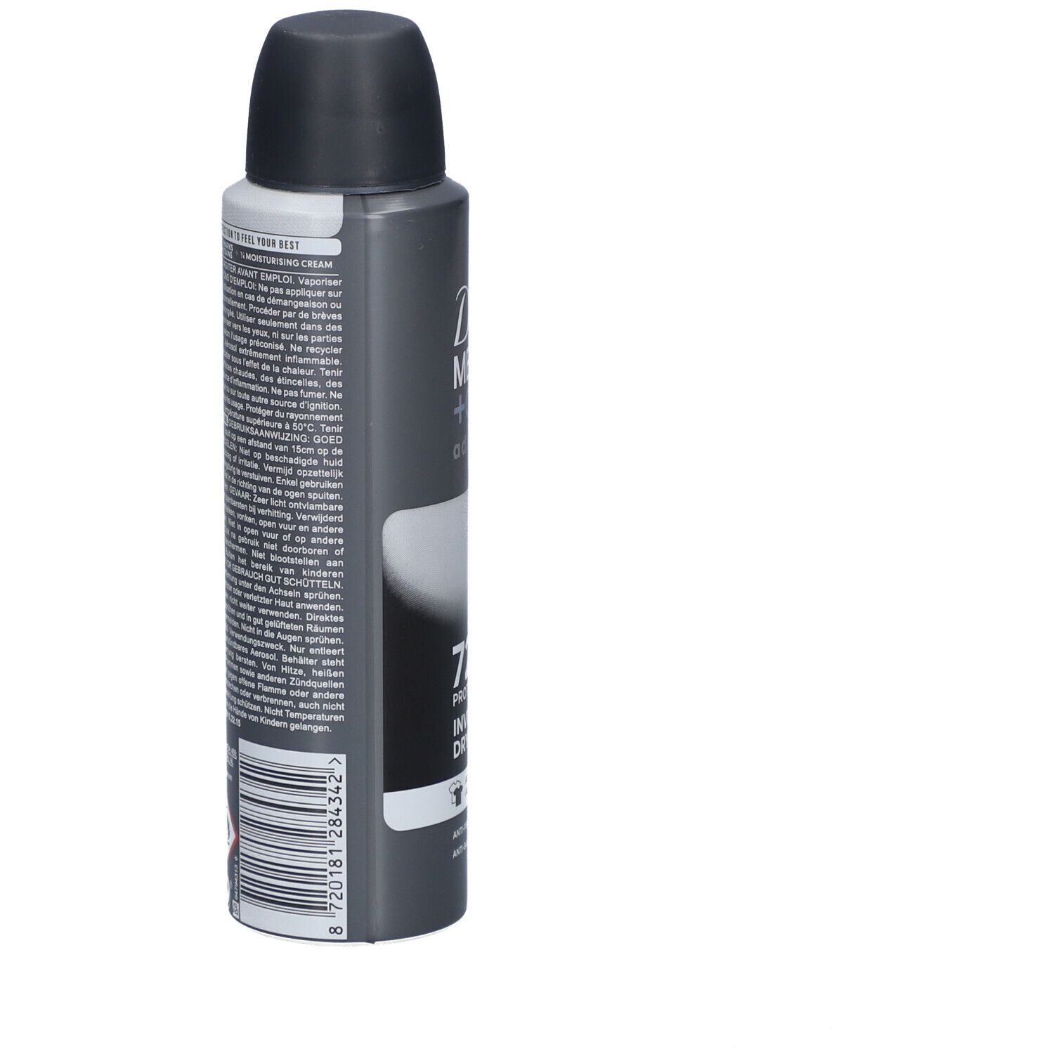 Flacon spray gris. Texte au dos. Code-barres et avertissements. Dove Men+Care Advanced Invisible Dry 72h.