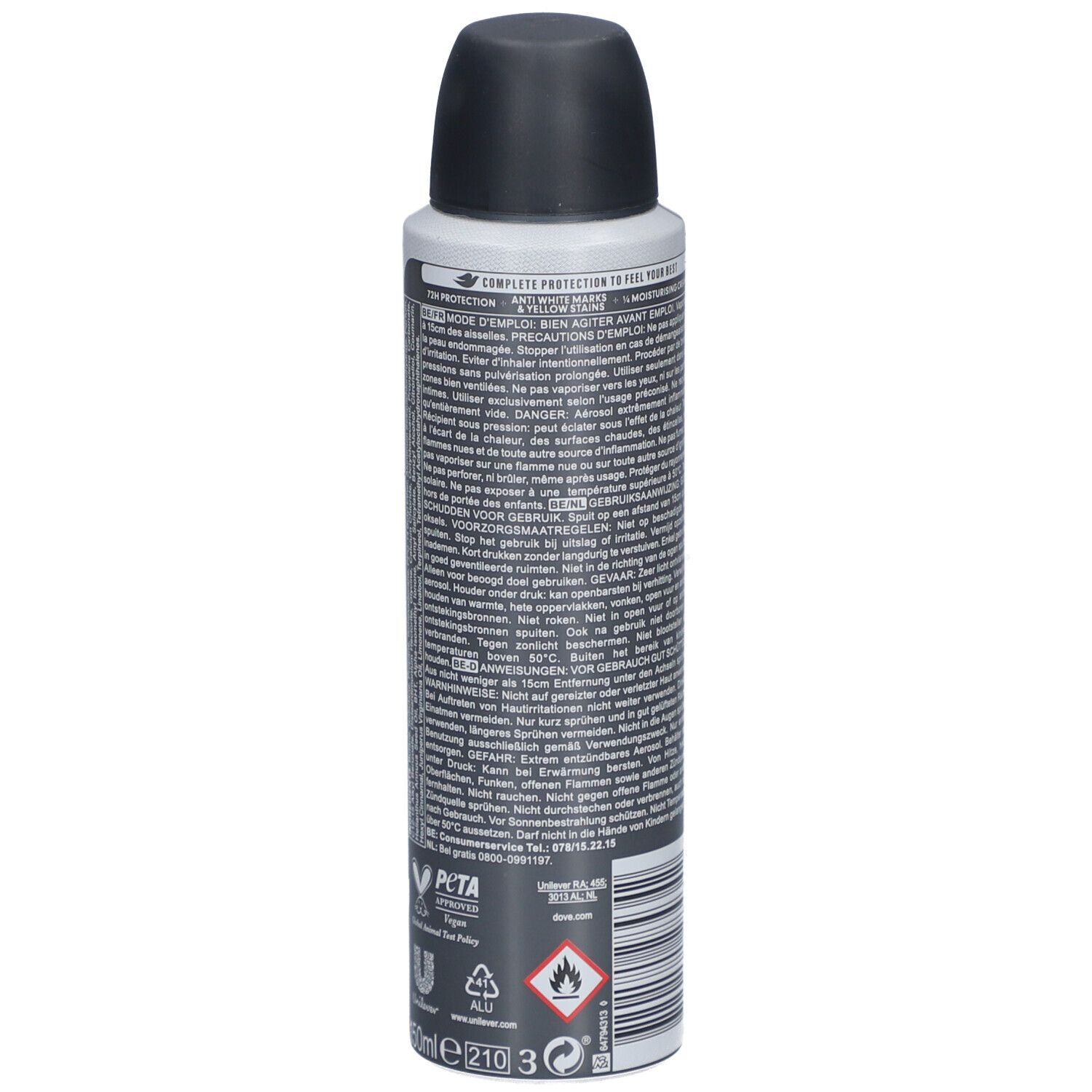 Flacon spray gris. Dos avec texte, avertissements, logo PETA, symboles de recyclage et symbole de flamme.
