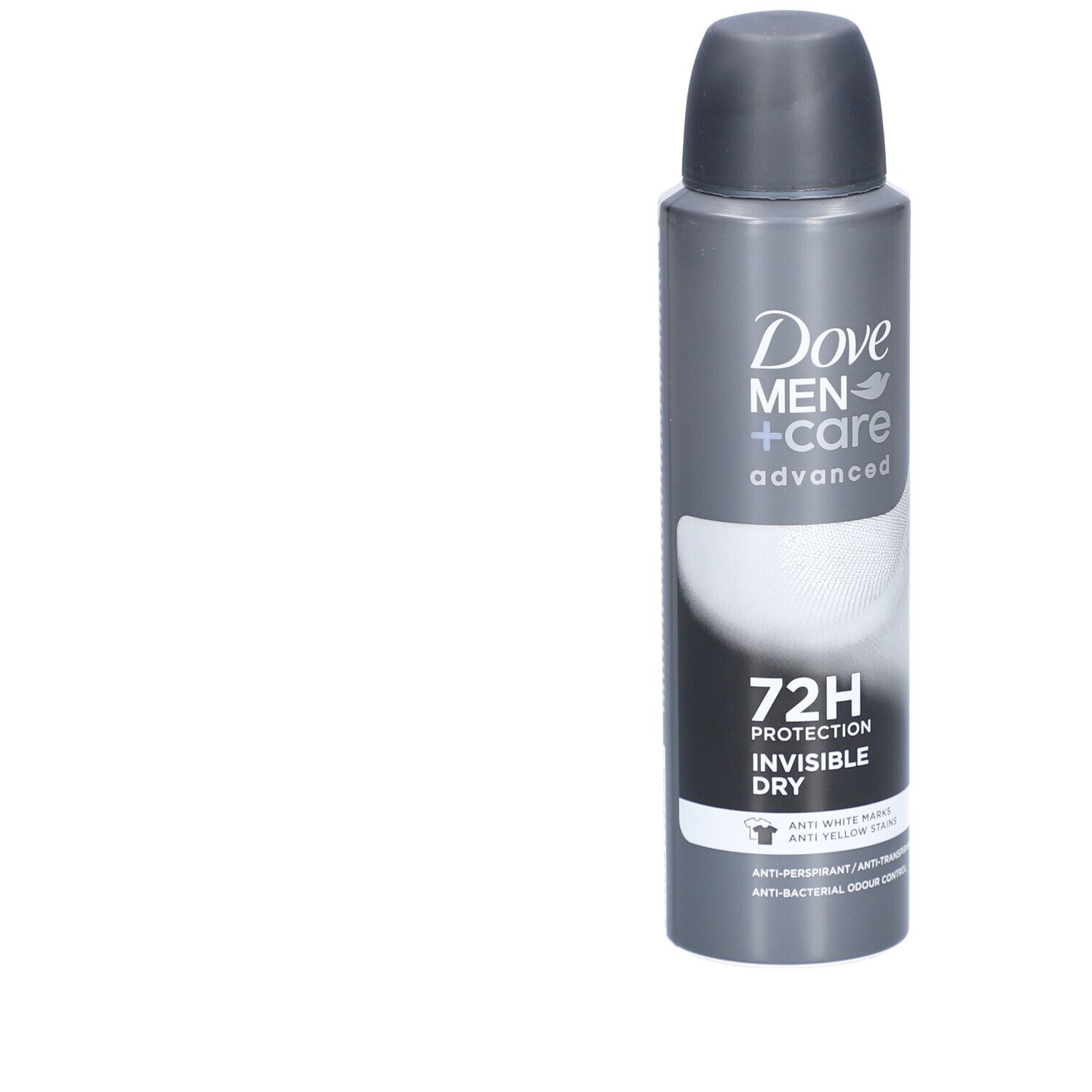Flacon spray gris avec bouchon noir. Inscription: Dove Men+Care Advanced Invisible Dry 72h. Anti-traces blanches.