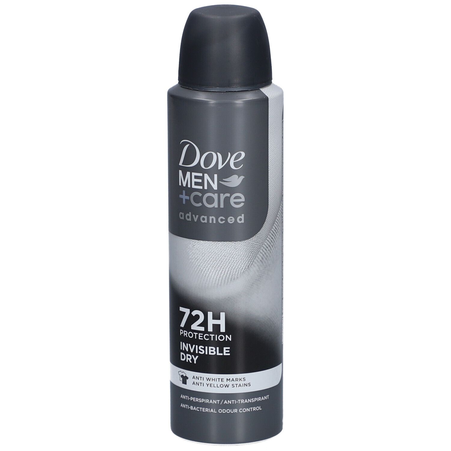 Flacon spray gris avec bouchon noir. Inscription: Dove Men+Care Advanced Invisible Dry 72h. Anti-traces blanches.