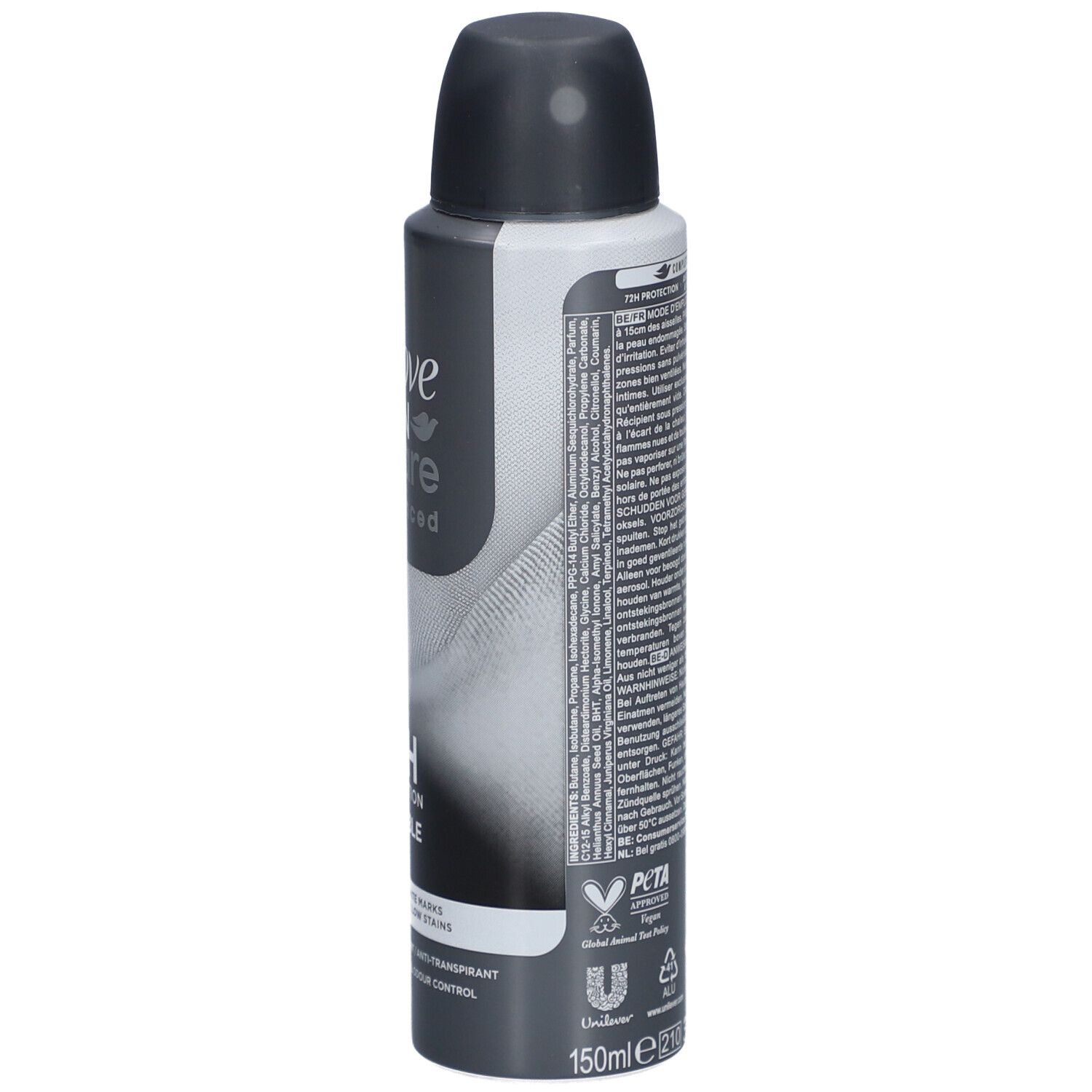 Flacon spray gris. Dos avec texte, logo PETA, symboles de recyclage et indication de volume: 150ml.