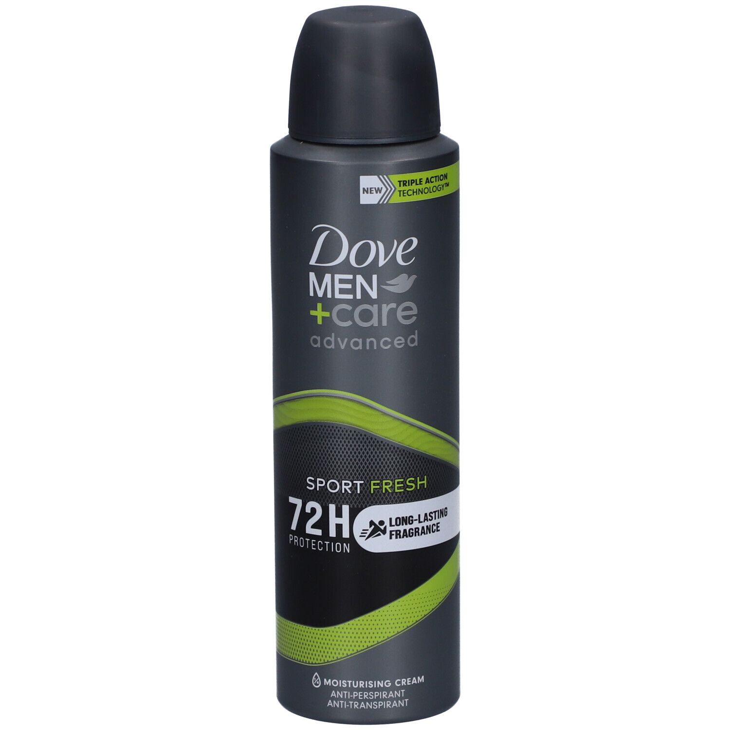 Bombe Dove Men+Care Advanced Sport Fresh 72h. Bombe noire et grise avec design vert. Contient du texte et un logo.