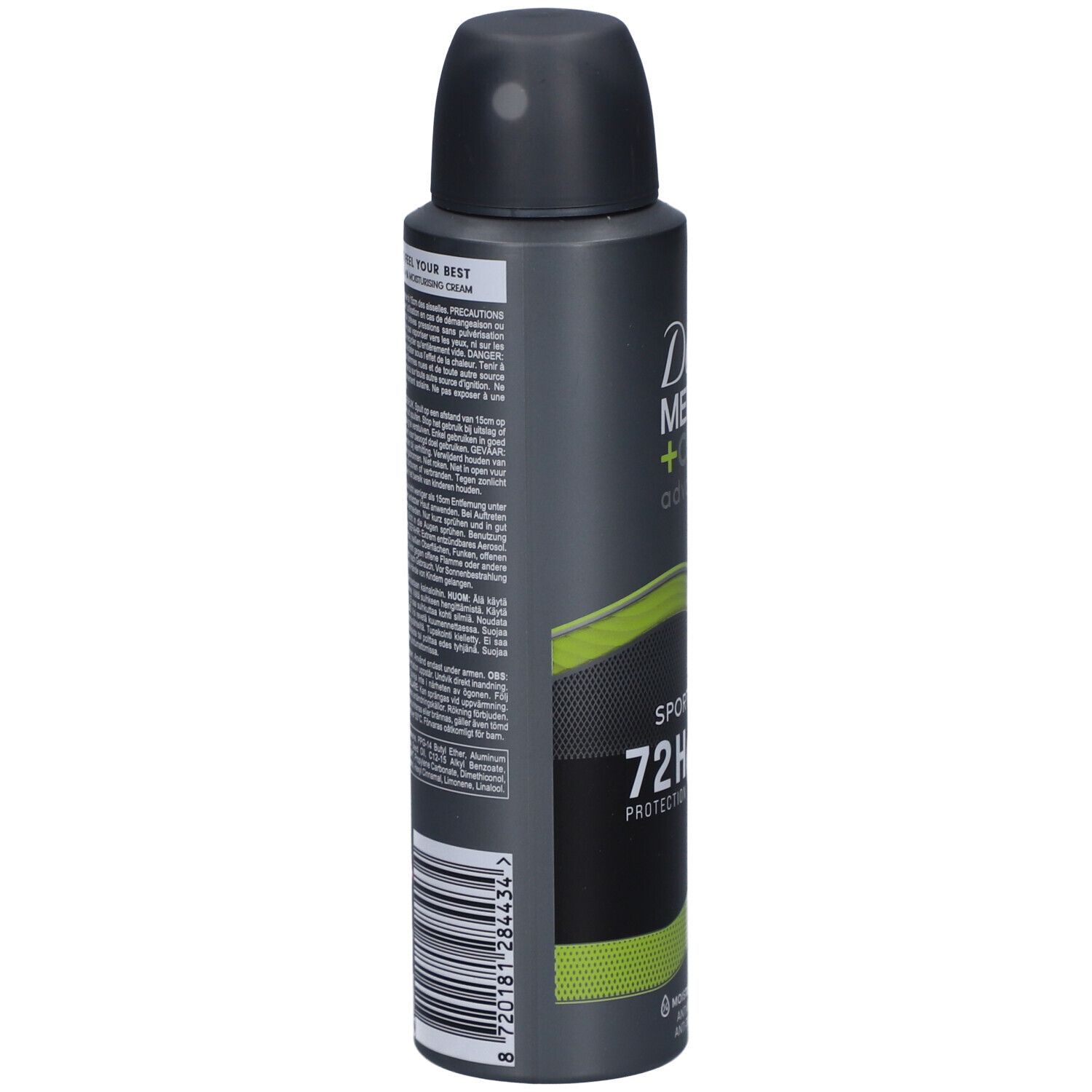 Dove Men+Care Advanced Sport Fresh 72h. Dos de la bombe. Contient du texte, un code-barres et un logo. Noir, gris et vert.