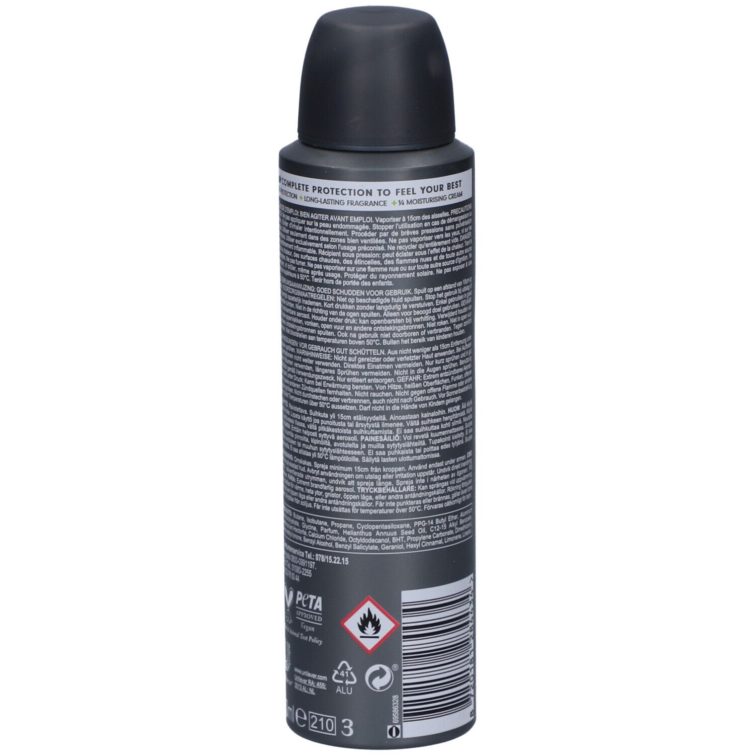 Dos de la bombe Dove Men+Care Advanced Sport Fresh 72h. Contient du texte, des logos et des pictogrammes. Noir, gris et vert.
