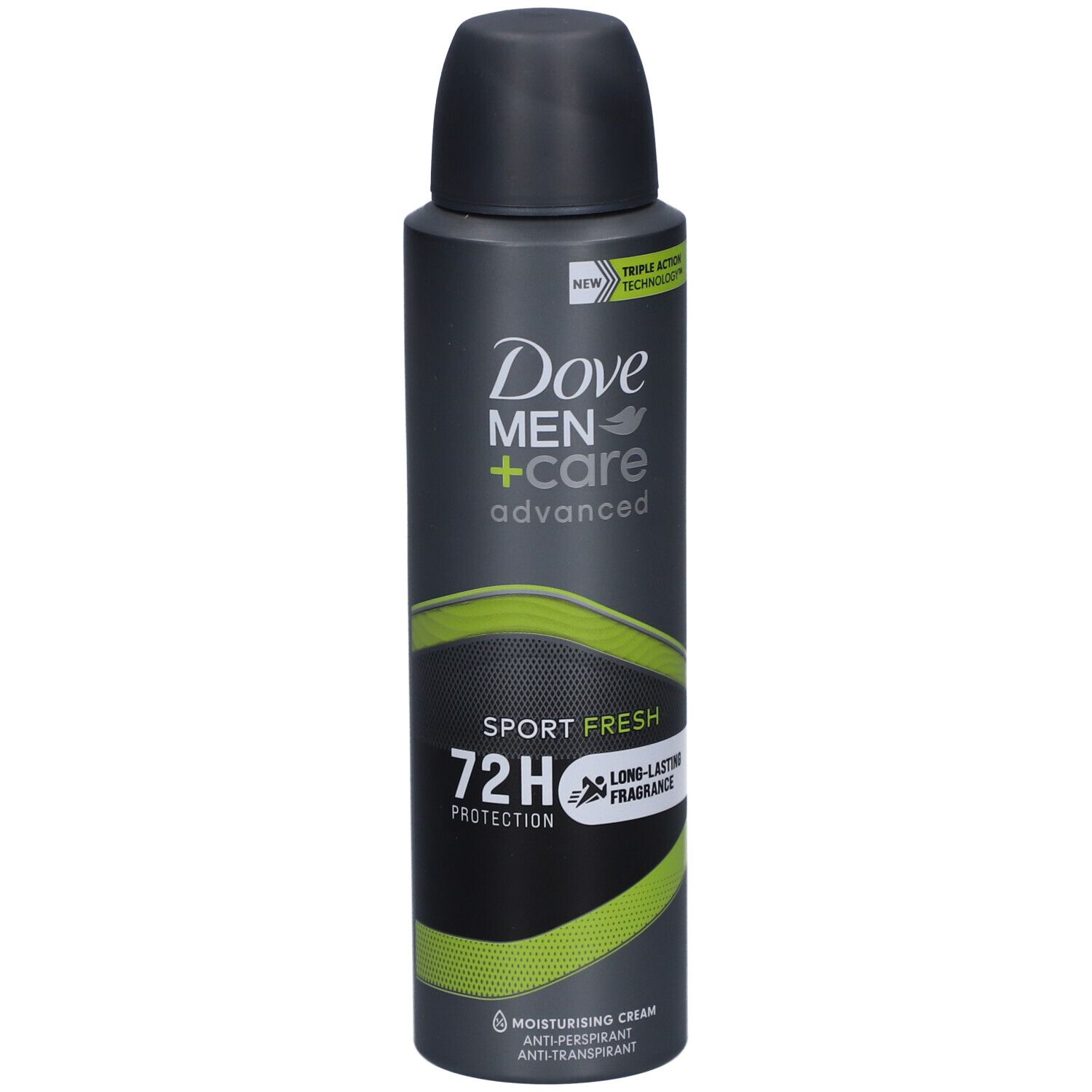 Bombe Dove Men+Care Advanced Sport Fresh 72h. Bombe noire et grise avec design vert. Contient du texte et un logo.