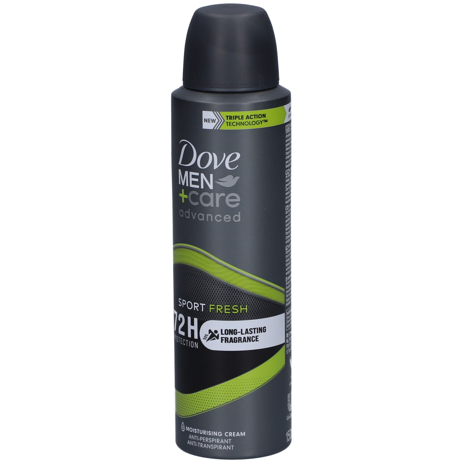 Bombe Dove Men+Care Advanced Sport Fresh 72h. Bombe noire et grise avec design vert. Contient du texte et un logo.