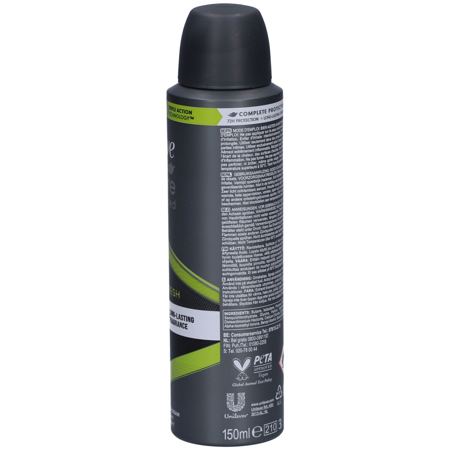 Dos de la bombe Dove Men+Care Advanced Sport Fresh 72h. Contient du texte, des logos et des pictogrammes. Noir, gris et vert.